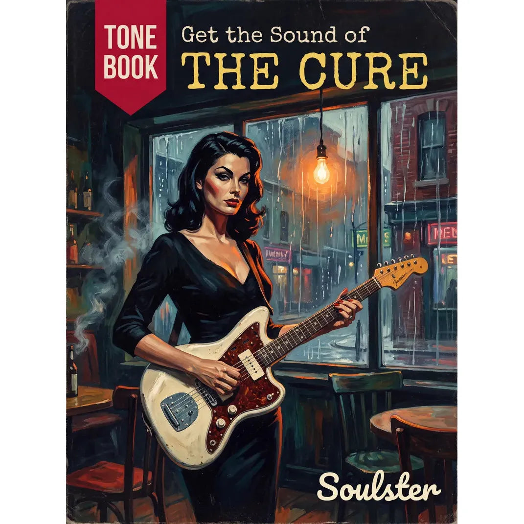 Book cover for 'Get the Sound of THE CURE' by Soulster, featuring a retro-style illustration of a woman holding an electric guitar in a rainy cafe.