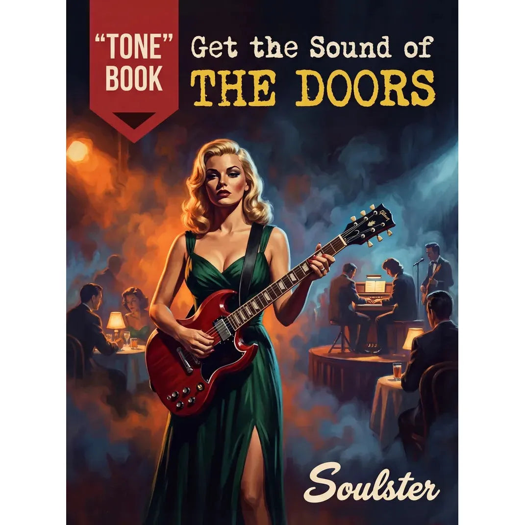 Book cover for "Get the Sound of THE DOORS" by Soulster, featuring a stylized illustration of a blonde woman in a green dress playing a red electric guitar in a smoky concert setting. The title text is prominent at the top, with a red banner reading "TONE" BOOK on the upper left.
