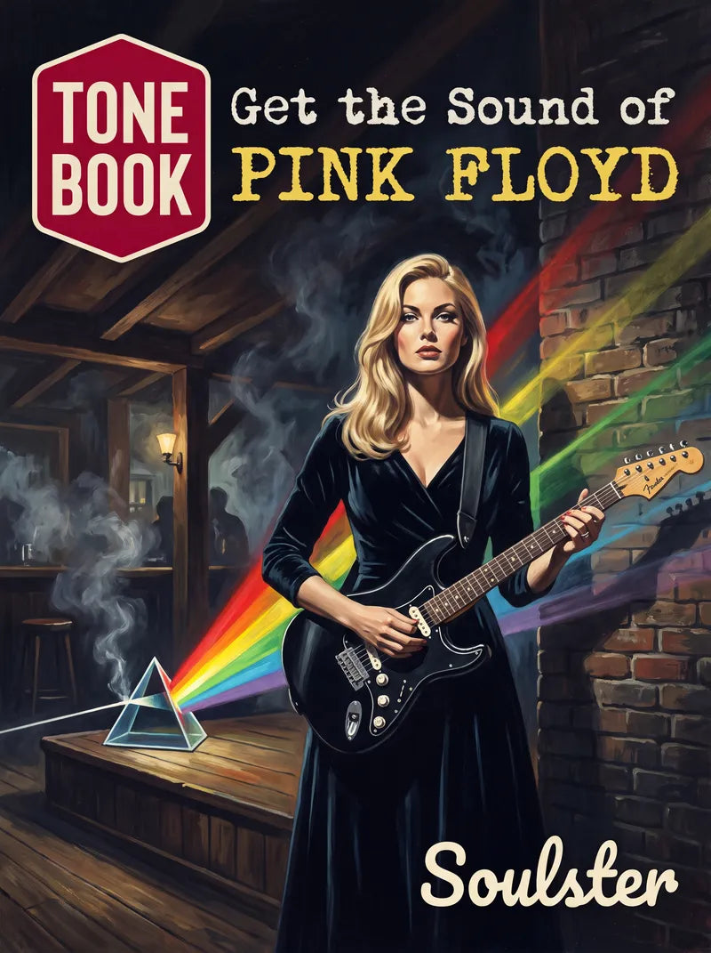 Book cover for 'Get the Sound of Pink Floyd' by Soulster, featuring an illustrated blonde woman in a black dress holding a black electric guitar in a dimly lit pub, with a prism of rainbow light and colorful soundwave lines.