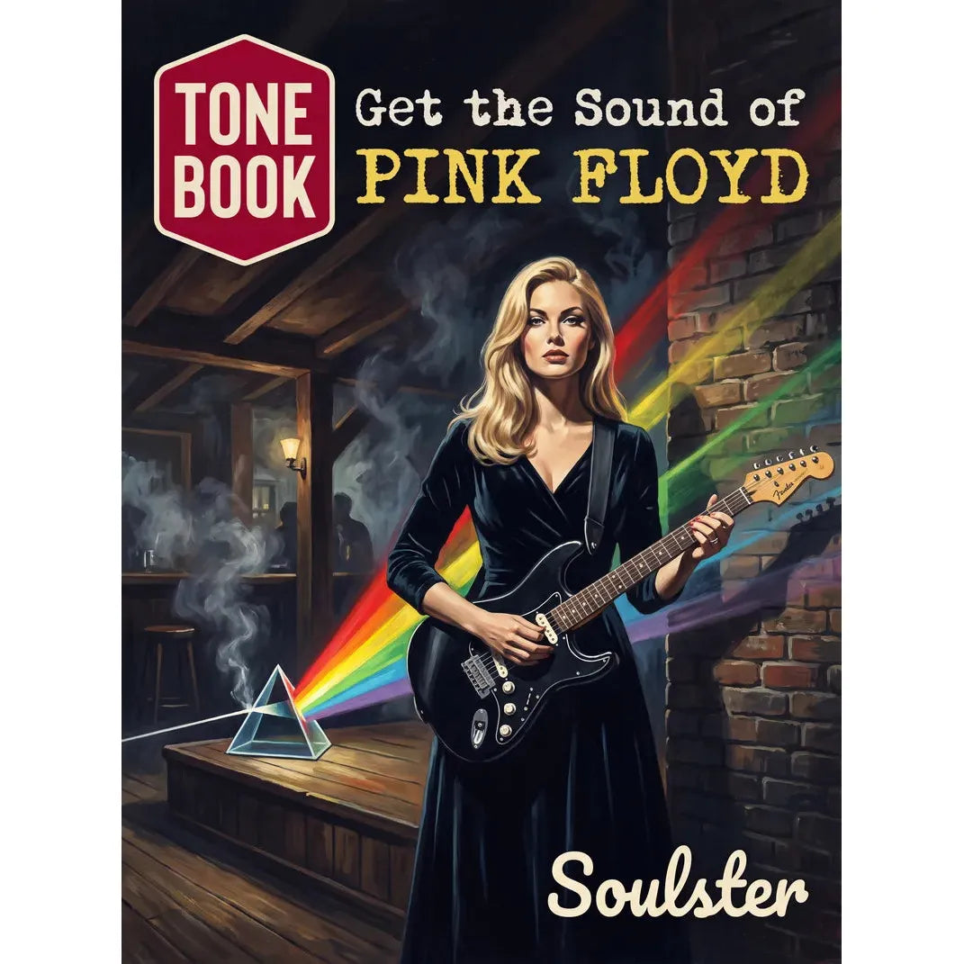 Book cover for 'Get the Sound of Pink Floyd' by Soulster, featuring an illustrated blonde woman in a black dress holding a black electric guitar in a dimly lit pub, with a prism of rainbow light and colorful soundwave lines.