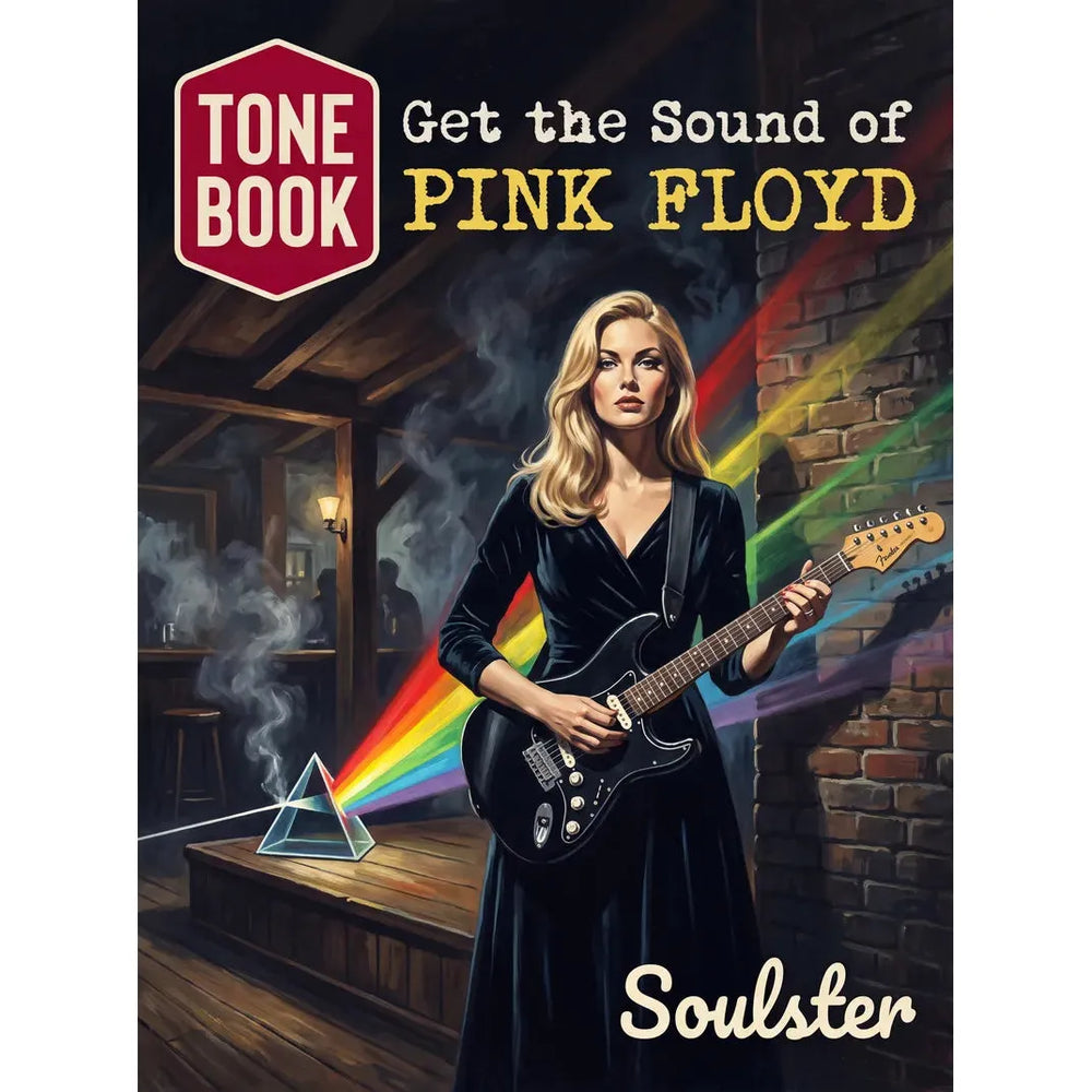 Book cover for 'Get the Sound of Pink Floyd' by Soulster, featuring an illustrated blonde woman in a black dress holding a black electric guitar in a dimly lit pub, with a prism of rainbow light and colorful soundwave lines.