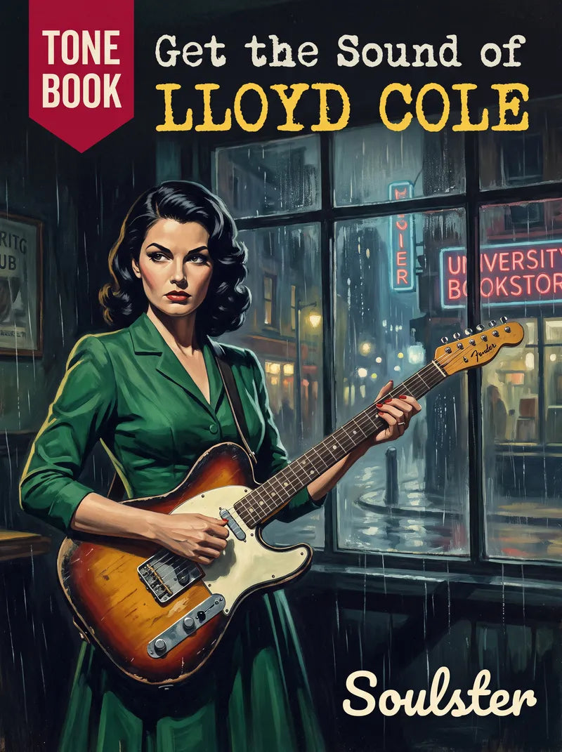 Book cover for 'Get the Sound of Lloyd Cole' by Soulster, featuring a retro-style illustration of a woman in a green dress playing a sunburst electric guitar in front of a rainy city window.