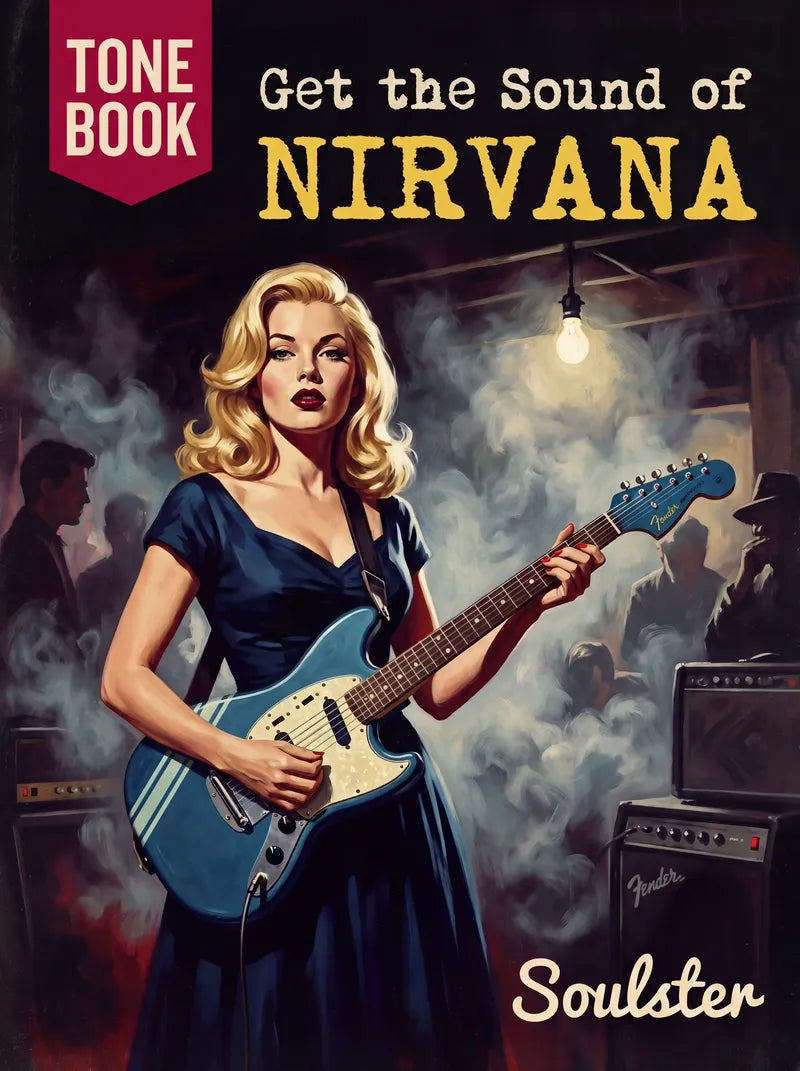 Book cover for 'Get the Sound of NIRVANA' Tone Book by Soulster, featuring a retro-style illustration of a blonde woman in a navy dress playing a blue electric guitar in a smoky concert setting.