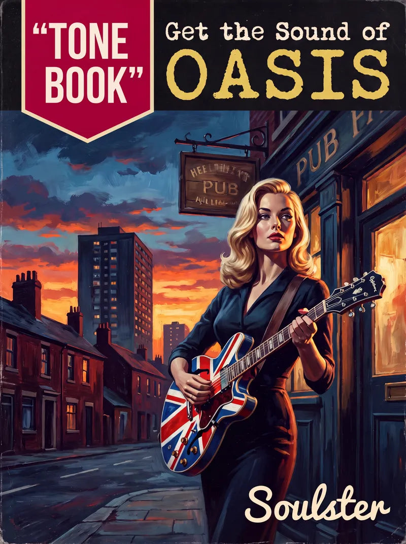 Book cover for 'Get the Sound of OASIS: Tone Book' by Soulster, featuring a stylized illustration of a woman playing a Union Jack-patterned electric guitar on a city street at sunset.