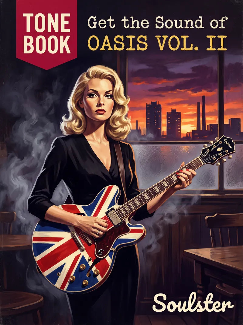 Book cover for 'Get the Sound of Oasis Vol. II Tone Book' featuring an illustrated blonde woman holding a Union Jack-patterned electric guitar in a smoky pub setting with an industrial city skyline at sunset.