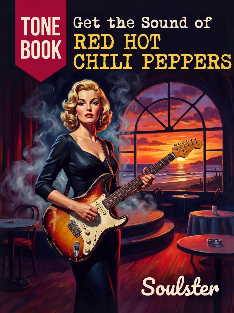 Book cover for 'Get the Sound of Red Hot Chili Peppers' Tone Book by Soulster, featuring a retro-style illustration of a woman playing an electric guitar in a smoky lounge with a sunset view through an arched window.