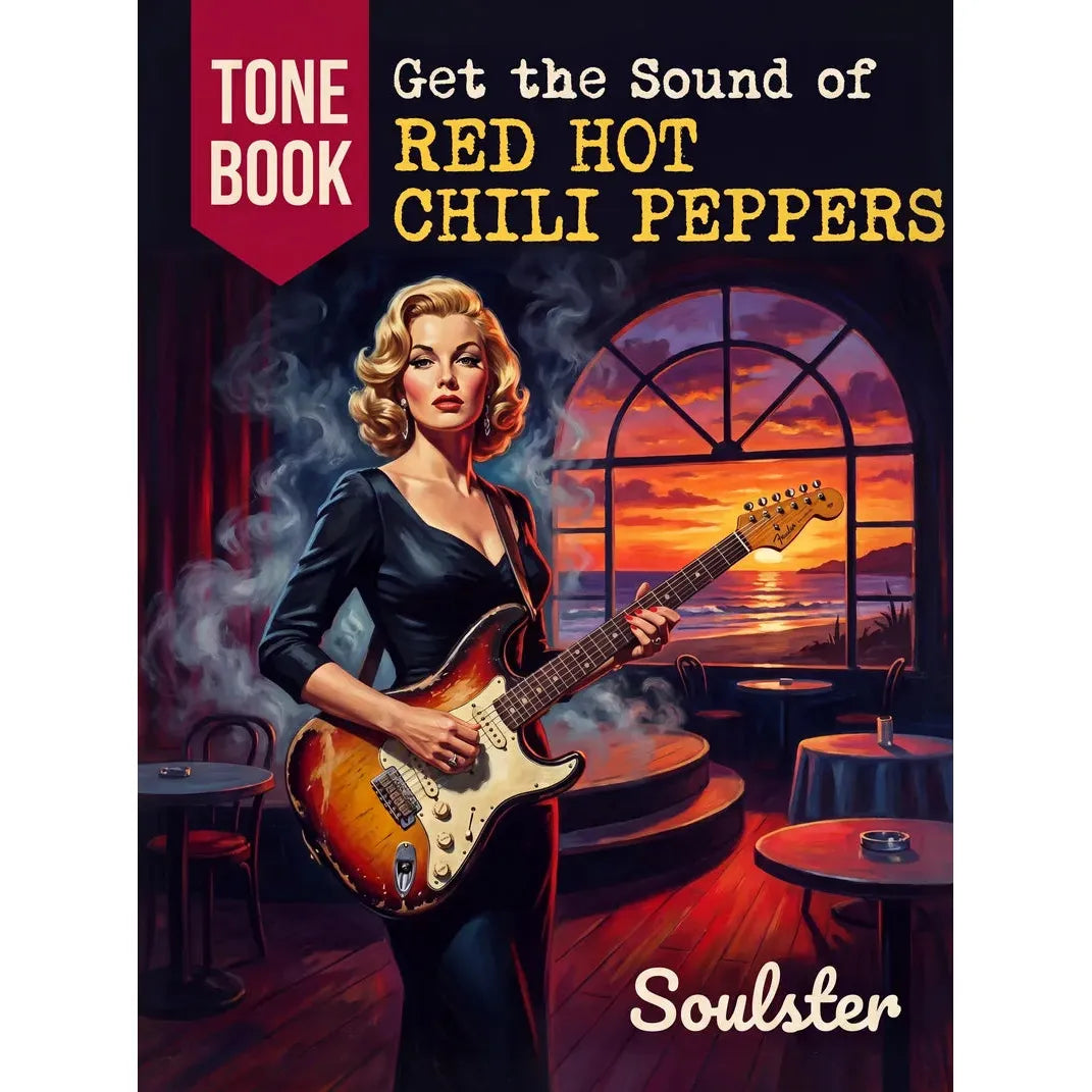 Book cover for 'Get the Sound of Red Hot Chili Peppers' Tone Book by Soulster, featuring a retro-style illustration of a woman playing an electric guitar in a smoky lounge with a sunset view through an arched window.