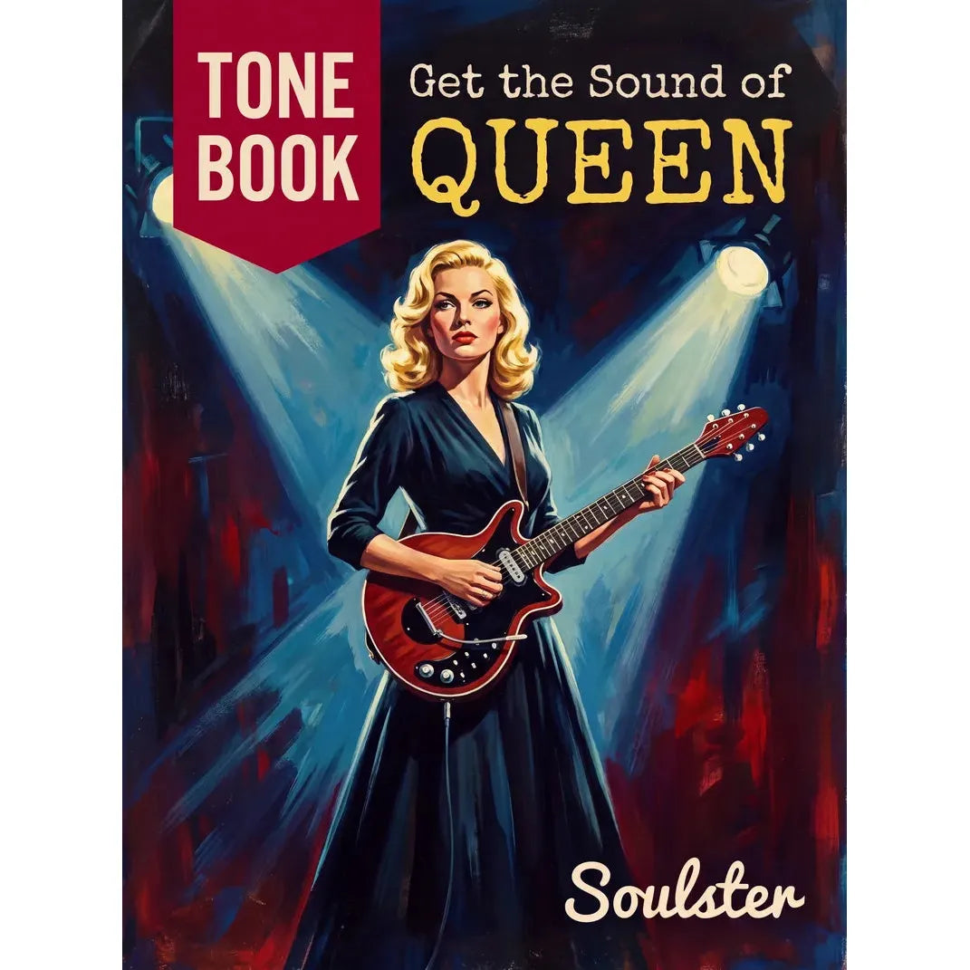 Book cover for 'Get the Sound of Queen Tone Book' by Soulster, featuring a stylized illustration of a blonde woman in a black dress playing a red electric guitar under dramatic stage lights.