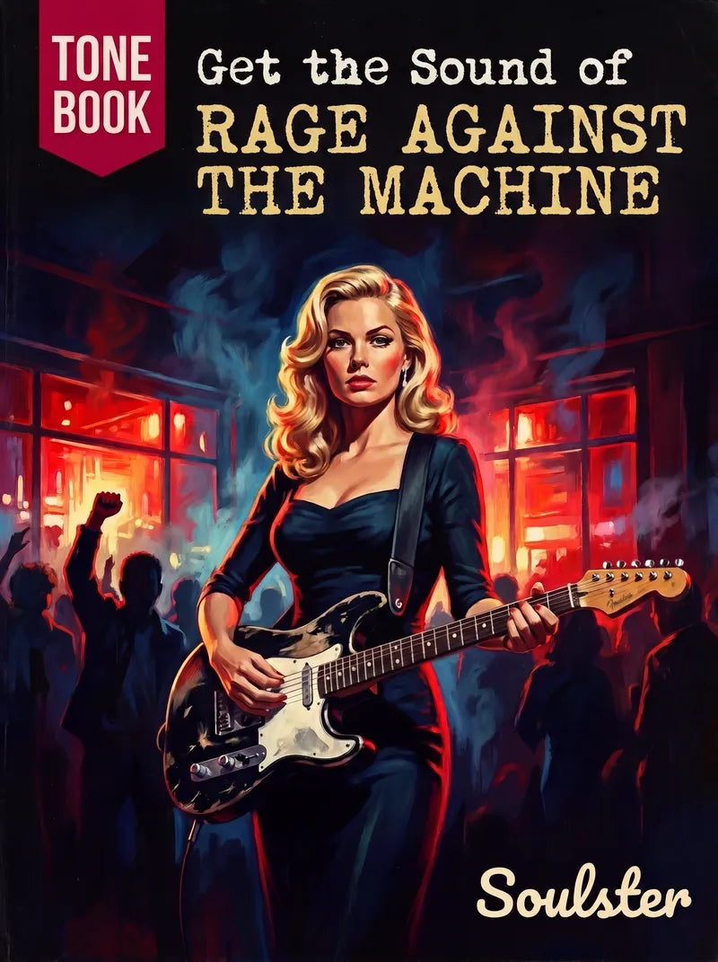 Book cover for 'Get the Sound of Rage Against the Machine' by Soulster, featuring a stylized illustration of a blonde woman playing an electric guitar in a dark club setting with red and blue lighting.