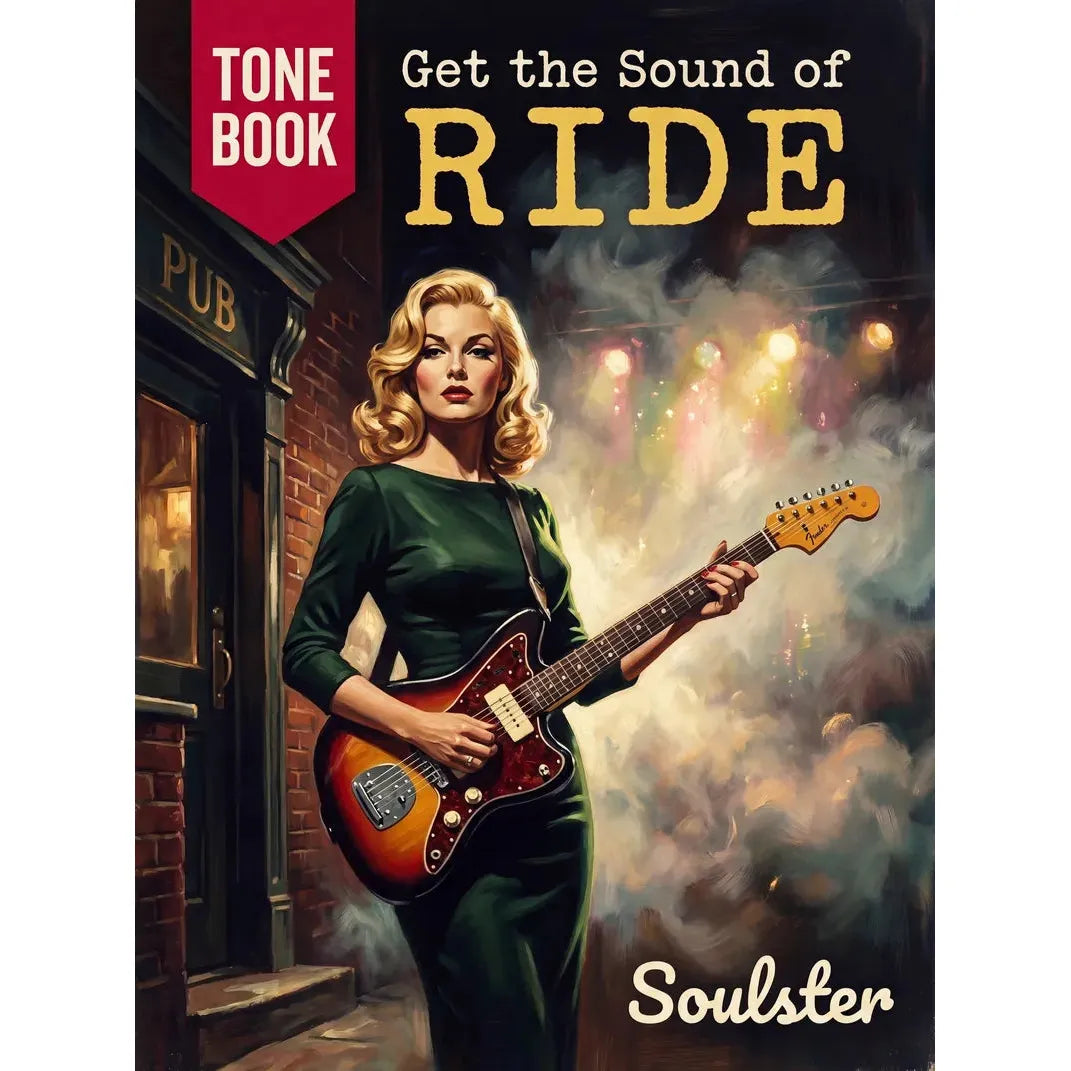 Book cover for 'Get the Sound of Ride' by Soulster, featuring a retro-style illustration of a blonde woman in a dark green dress playing an electric guitar on a city street at night.