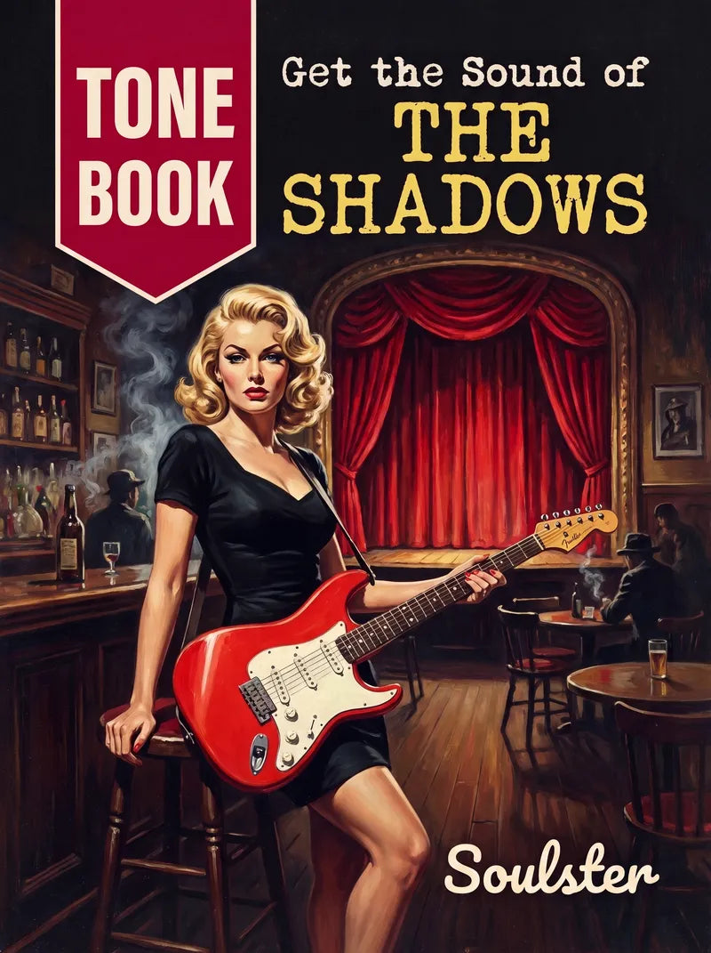 Book cover for 'Get the Sound of THE SHADOWS Tone Book' by Soulster, featuring a retro-style illustration of a blonde woman in a black dress playing a red electric guitar in a dimly lit bar with red curtains in the background.