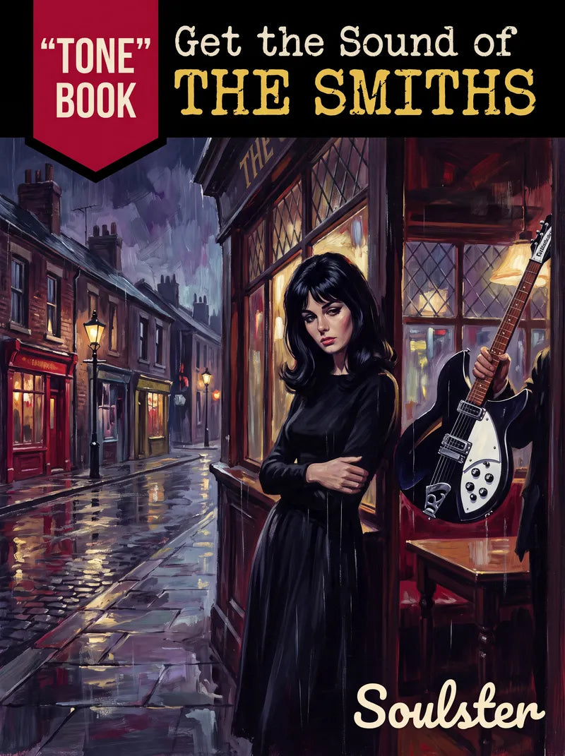 Book cover for "Get the Sound of The Smiths" by Soulster, featuring a rainy street scene with a woman in a black dress beside a shop window holding an electric guitar. A red badge at top left reads "TONE" BOOK, and the title appears across the top.