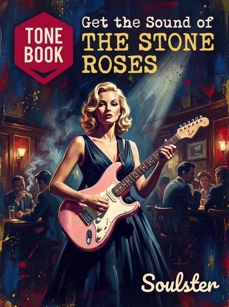 Book cover for 'Get the Sound of The Stone Roses' by Soulster, featuring an illustrated blonde woman in a dark dress playing a pink electric guitar in a dimly lit pub, with the Tone Book logo in the top left.