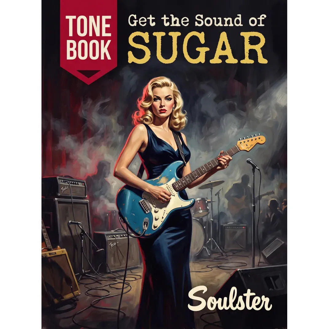 Book cover for 'Get the Sound of Sugar: Tone Book' featuring a stylized illustration of a blonde woman in a dark blue dress playing a blue electric guitar on a smoky stage, with amplifiers and microphones in the background.