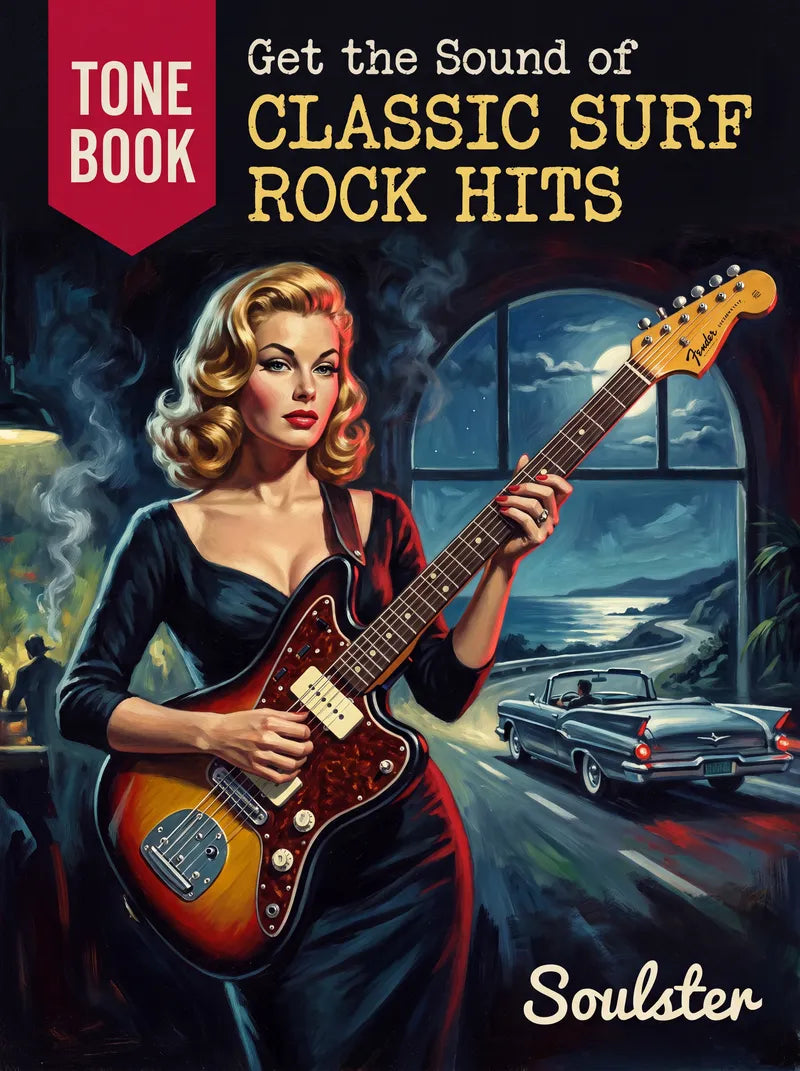 A stylized illustrated cover for a music tone book titled "Get the Sound of Classic Surf Rock Hits," with a woman holding a sunburst electric guitar in front of a coastal night scene and a convertible car. The red badge at top left reads "TONE BOOK," and the Soulster name appears at bottom right.