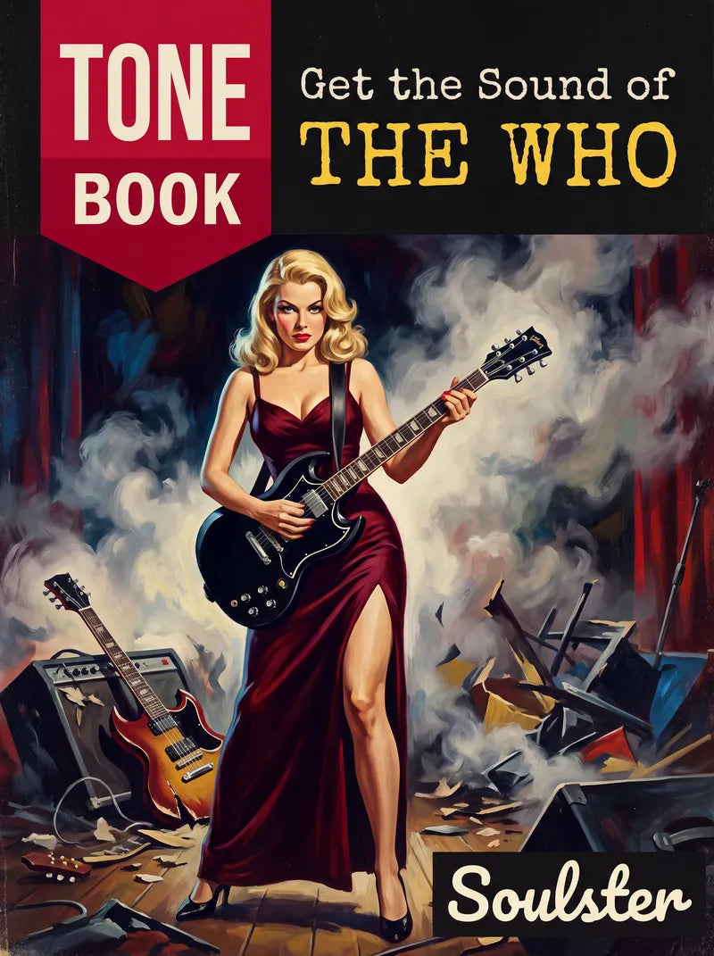 Book cover for 'Tone Book: Get the Sound of The Who' by Soulster, featuring a retro pin-up illustration of a blonde woman in a red dress holding a black electric guitar amidst stage smoke and equipment.