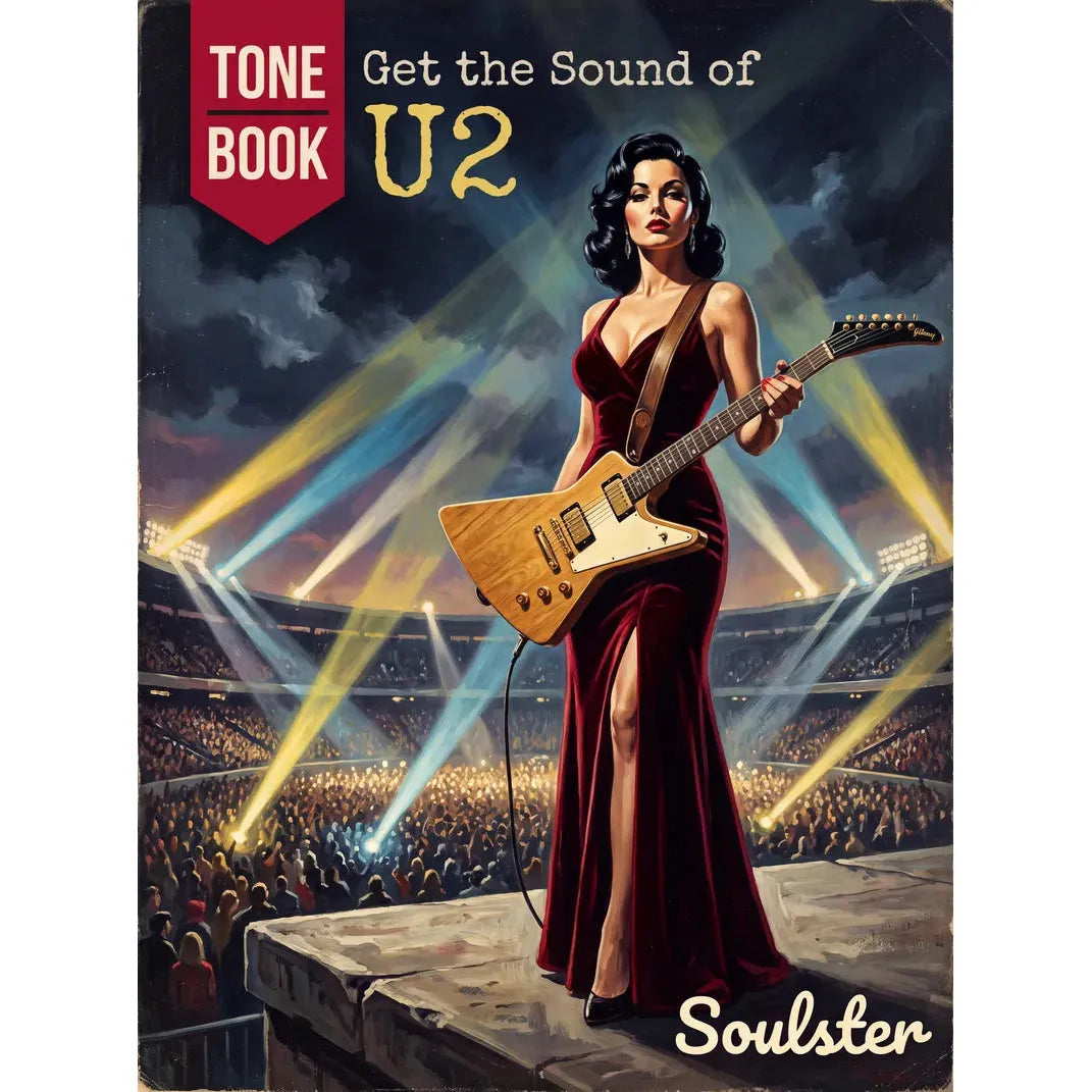 Vintage-style illustrated book cover for 'Get the Sound of U2: Tone Book' featuring a woman in a red gown holding an electric guitar on a concert stage, with stadium lights and a crowd in the background. The Soulster brand name appears at the bottom right.