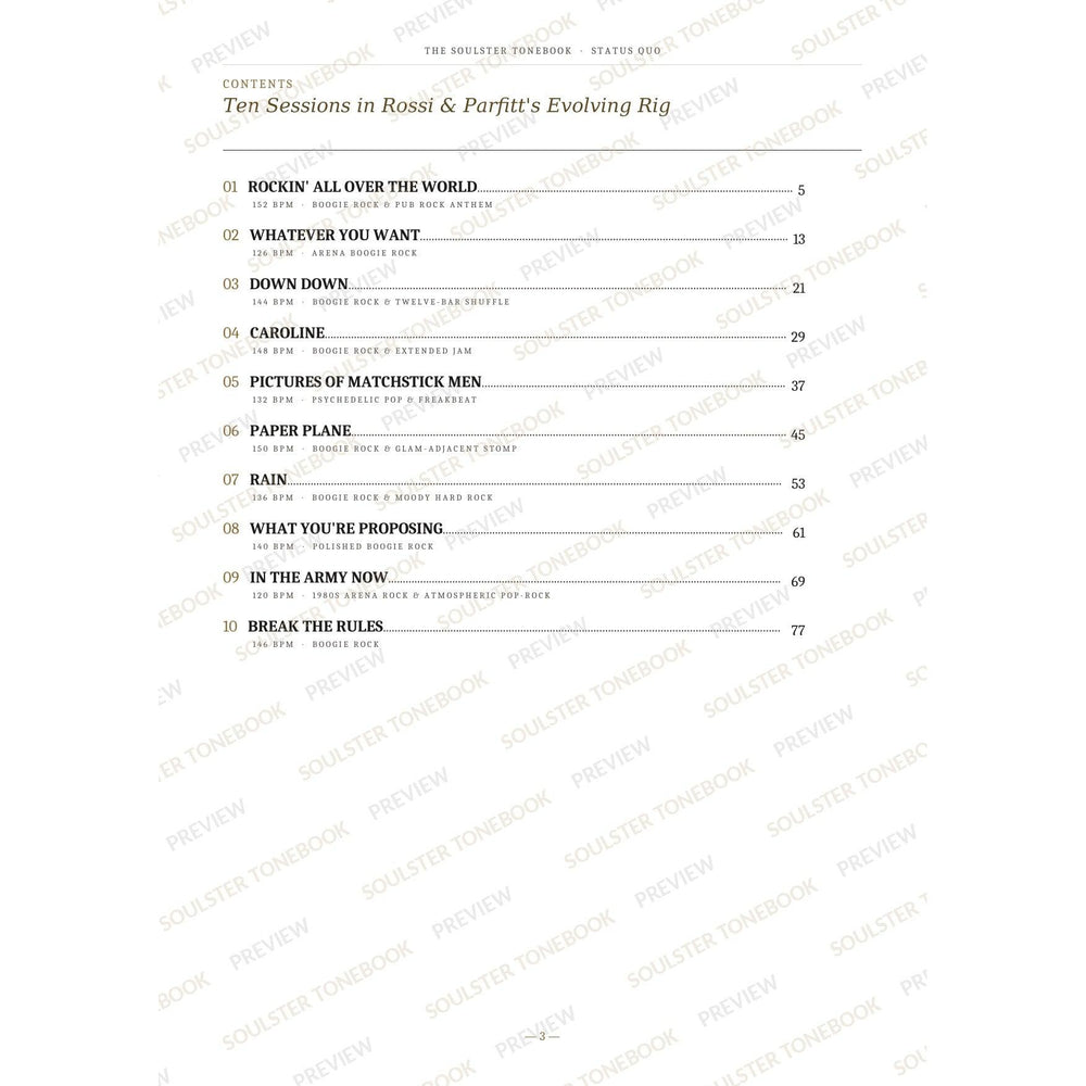 Contents page from the Status Quo Soulster Tonebook, listing all 10 songs with their tempos, genre tags and page numbers in a gold-and-black serif layout. A faint diagonal 'Soulster Tonebook · Preview' watermark repeats across the page.
