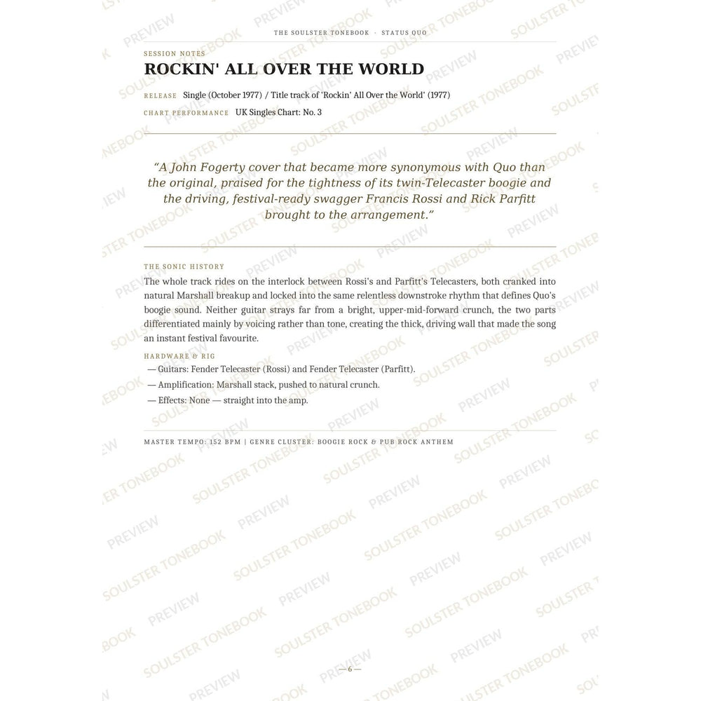 Session-notes page for 'Rockin' All over the World' in the Status Quo Soulster Tonebook, with the track's release and chart history, a summary quote, a short 'sonic history' write-up and the hardware and rig used. A faint diagonal 'Soulster Tonebook · Preview' watermark repeats across the page.