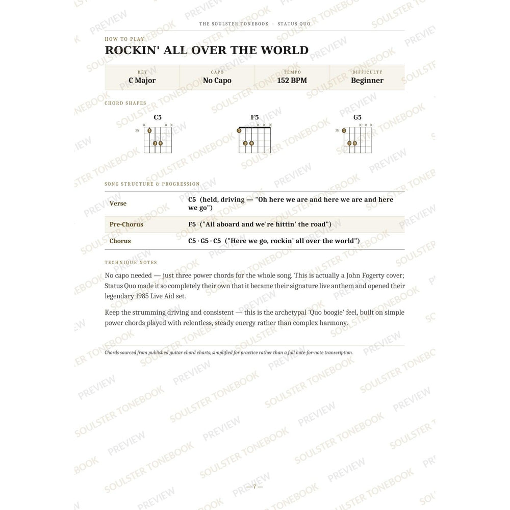 How-to-play page for 'Rockin' All over the World' by Status Quo, showing the key, capo, tempo and difficulty, printed chord-shape diagrams, a song-structure and chord-progression breakdown and technique notes — chord charts only, no lyrics or notation. A faint diagonal 'Soulster Tonebook · Preview' watermark repeats across the page.