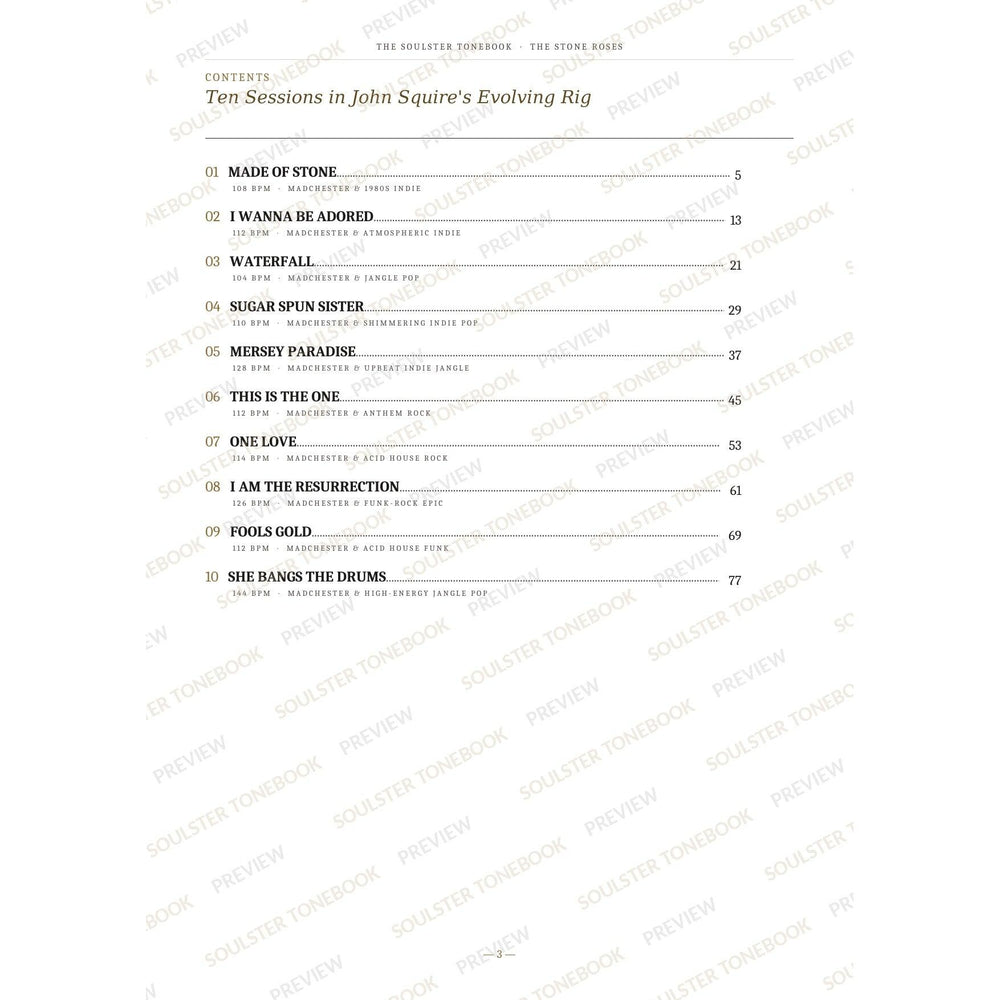 Contents page from The Stone Roses Soulster Tonebook, listing all 10 songs with their tempos, genre tags and page numbers in a gold-and-black serif layout. A faint diagonal 'Soulster Tonebook · Preview' watermark repeats across the page.