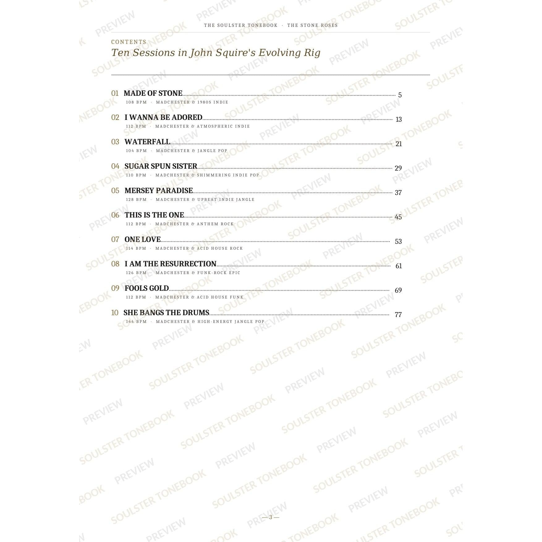Contents page from The Stone Roses Soulster Tonebook, listing all 10 songs with their tempos, genre tags and page numbers in a gold-and-black serif layout. A faint diagonal 'Soulster Tonebook · Preview' watermark repeats across the page.