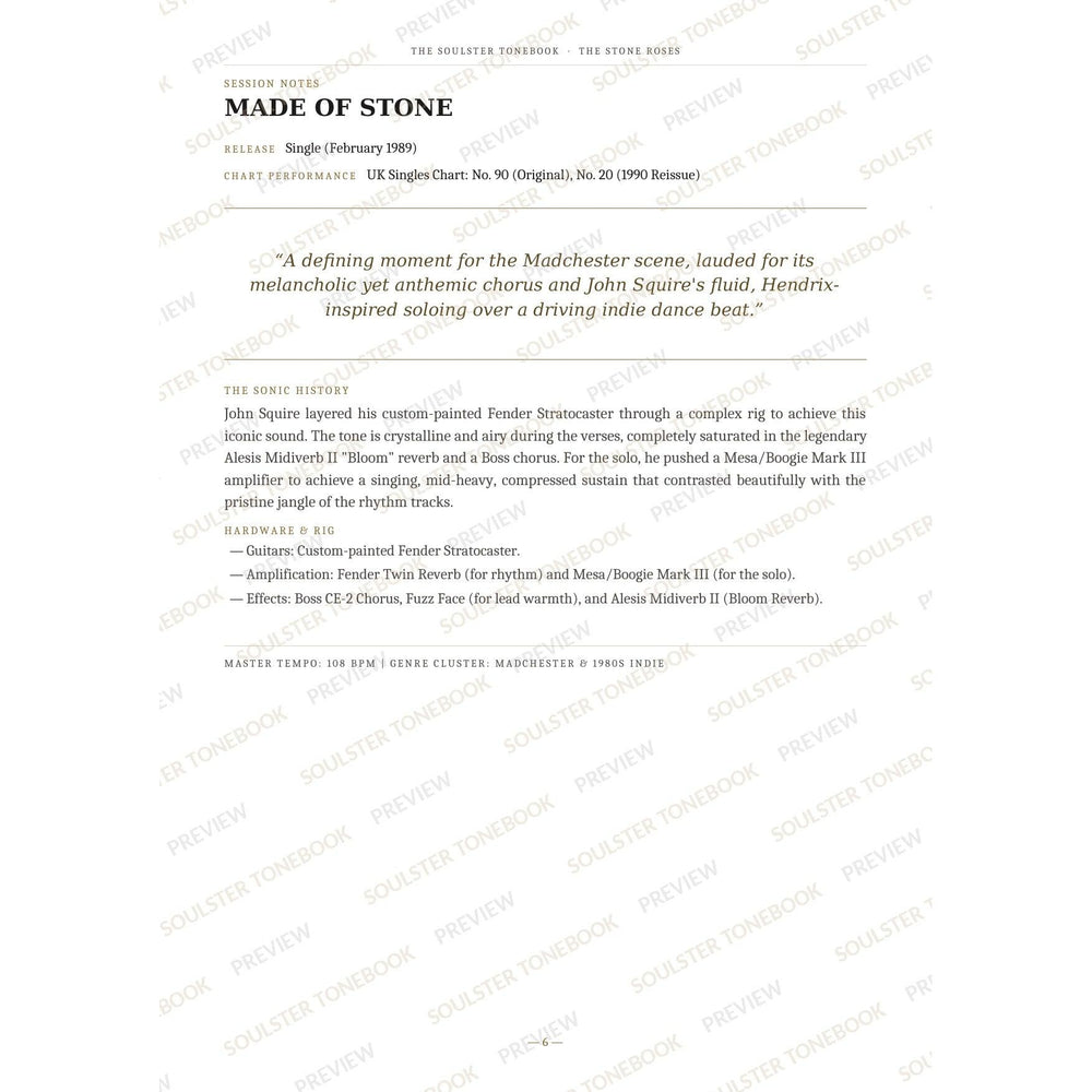 Session-notes page for 'Made of Stone' in The Stone Roses Soulster Tonebook, with the track's release and chart history, a summary quote, a short 'sonic history' write-up and the hardware and rig used. A faint diagonal 'Soulster Tonebook · Preview' watermark repeats across the page.
