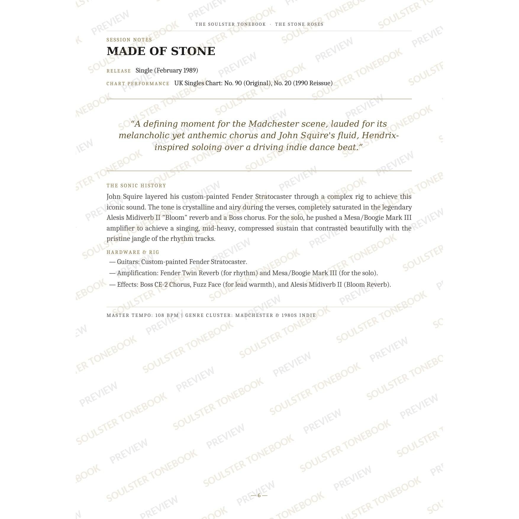 Session-notes page for 'Made of Stone' in The Stone Roses Soulster Tonebook, with the track's release and chart history, a summary quote, a short 'sonic history' write-up and the hardware and rig used. A faint diagonal 'Soulster Tonebook · Preview' watermark repeats across the page.