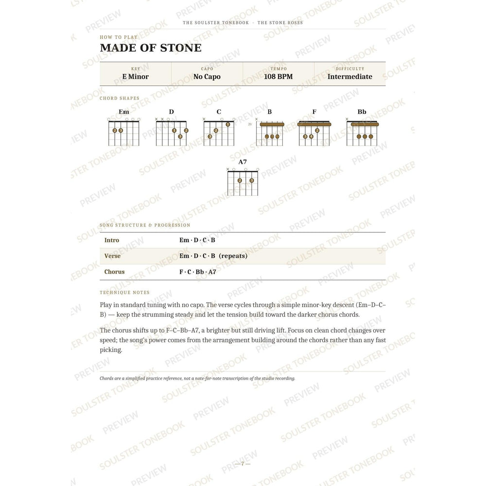 How-to-play page for 'Made of Stone' by The Stone Roses, showing the key, capo, tempo and difficulty, printed chord-shape diagrams, a song-structure and chord-progression breakdown and technique notes — chord charts only, no lyrics or notation. A faint diagonal 'Soulster Tonebook · Preview' watermark repeats across the page.