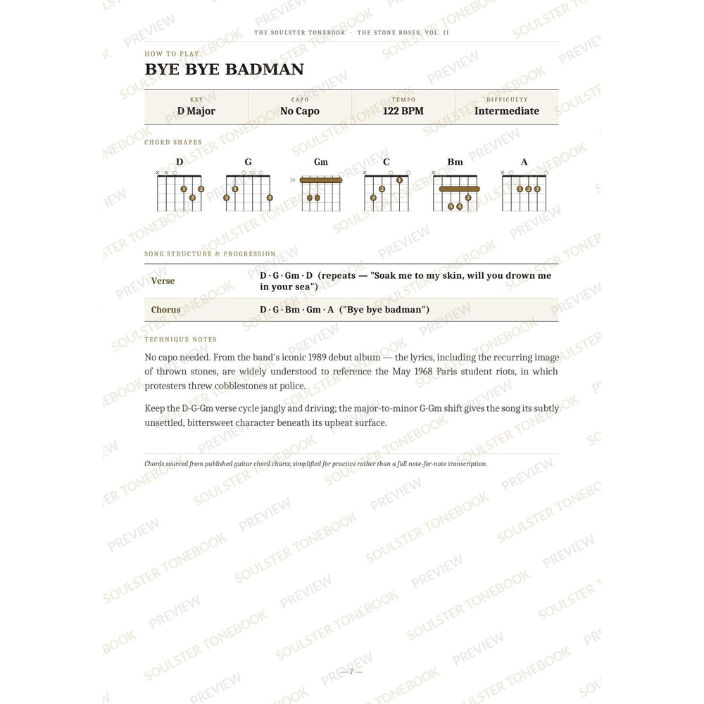 How-to-play page for 'Bye Bye Badman' by The Stone Roses, showing the key, capo, tempo and difficulty, printed chord-shape diagrams, a song-structure and chord-progression breakdown and technique notes — chord charts only, no lyrics or notation. A faint diagonal 'Soulster Tonebook · Preview' watermark repeats across the page.