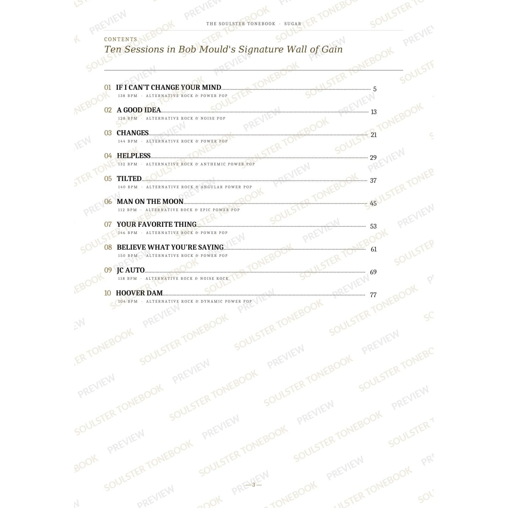 Contents page from the Sugar Soulster Tonebook, listing all 10 songs with their tempos, genre tags and page numbers in a gold-and-black serif layout. A faint diagonal 'Soulster Tonebook · Preview' watermark repeats across the page.