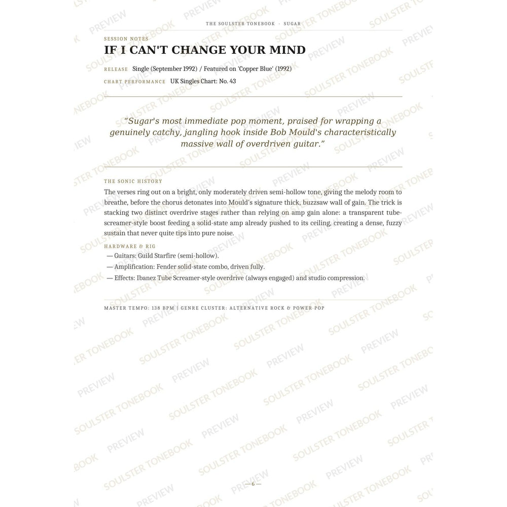 Session-notes page for 'If I Can't Change Your Mind' in the Sugar Soulster Tonebook, with the track's release and chart history, a summary quote, a short 'sonic history' write-up and the hardware and rig used. A faint diagonal 'Soulster Tonebook · Preview' watermark repeats across the page.