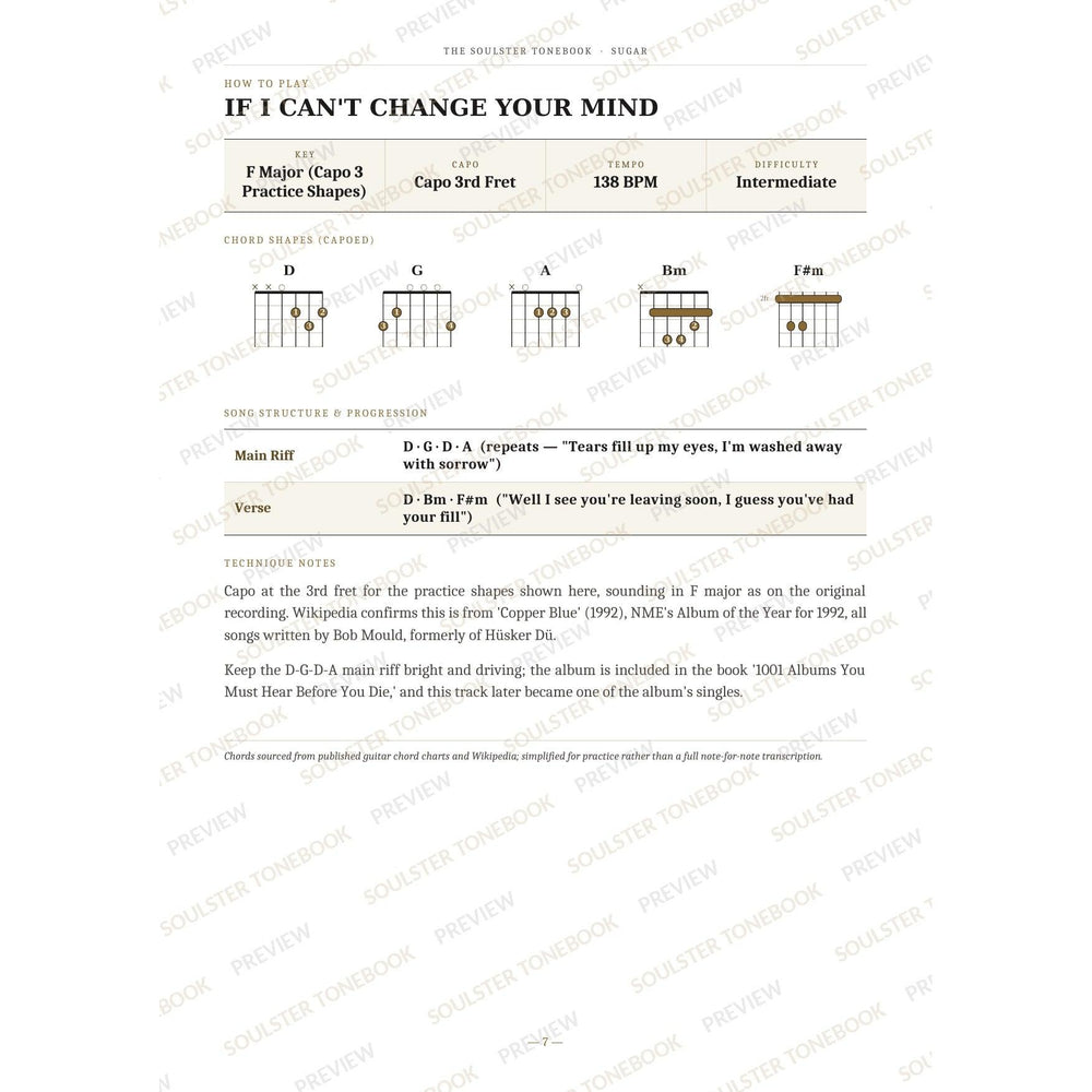 How-to-play page for 'If I Can't Change Your Mind' by Sugar, showing the key, capo, tempo and difficulty, printed chord-shape diagrams, a song-structure and chord-progression breakdown and technique notes — chord charts only, no lyrics or notation. A faint diagonal 'Soulster Tonebook · Preview' watermark repeats across the page.