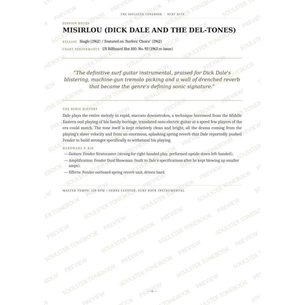 Session-notes page for 'Misirlou (Dick Dale and the Del-tones)' in the Surf Hits Soulster Tonebook, with the track's release and chart history, a summary quote, a short 'sonic history' write-up and the hardware and rig used. A faint diagonal 'Soulster Tonebook · Preview' watermark repeats across the page.