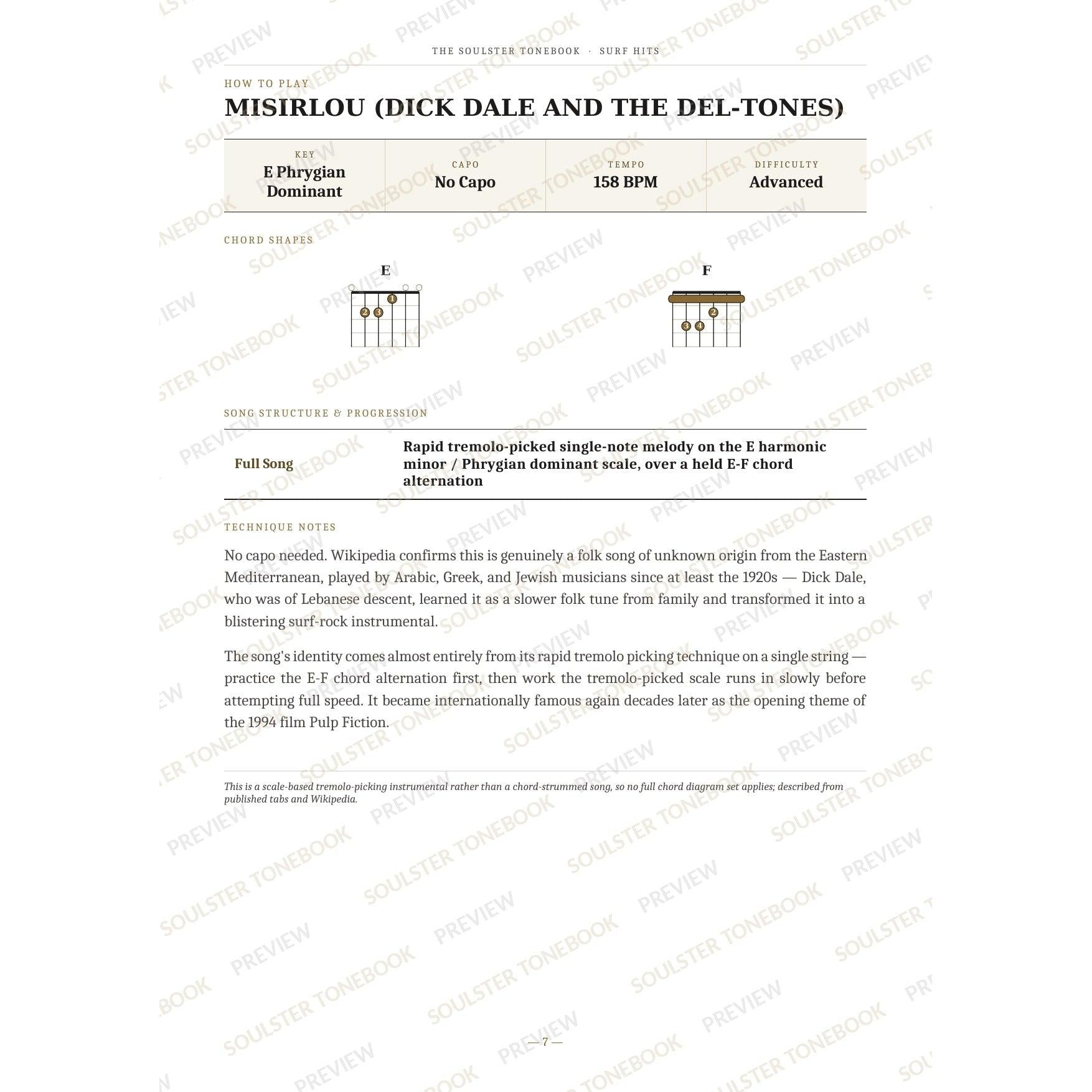How-to-play page for 'Misirlou (Dick Dale and the Del-tones)' by Surf Hits, showing the key, capo, tempo and difficulty, printed chord-shape diagrams, a song-structure and chord-progression breakdown and technique notes — chord charts only, no lyrics or notation. A faint diagonal 'Soulster Tonebook · Preview' watermark repeats across the page.