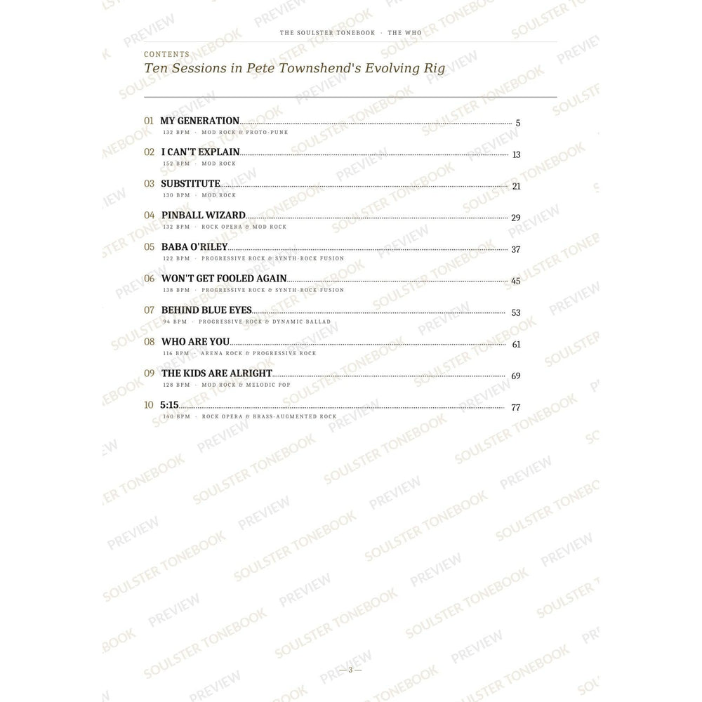 Contents page from The Who Soulster Tonebook, listing all 10 songs with their tempos, genre tags and page numbers in a gold-and-black serif layout. A faint diagonal 'Soulster Tonebook · Preview' watermark repeats across the page.