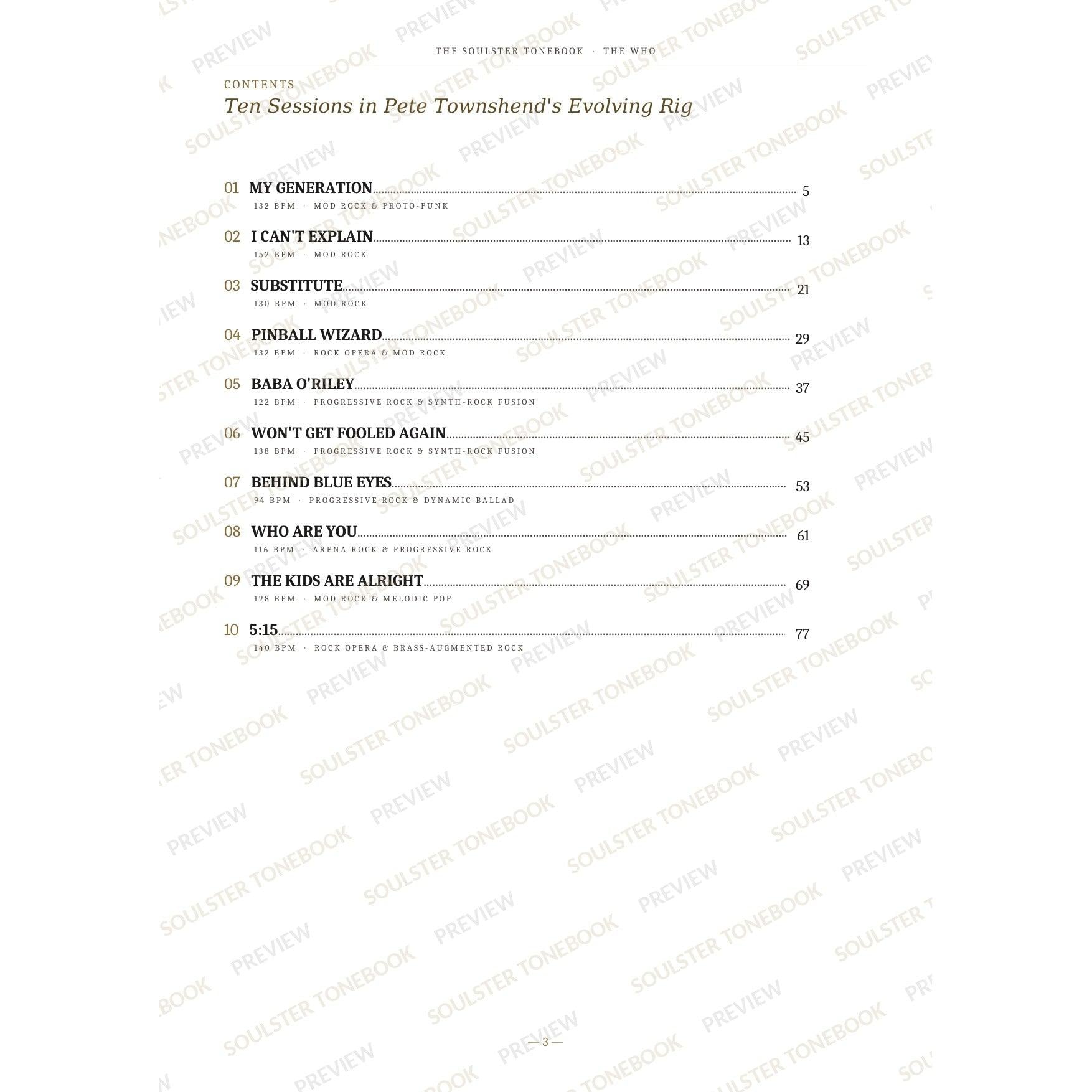 Contents page from The Who Soulster Tonebook, listing all 10 songs with their tempos, genre tags and page numbers in a gold-and-black serif layout. A faint diagonal 'Soulster Tonebook · Preview' watermark repeats across the page.