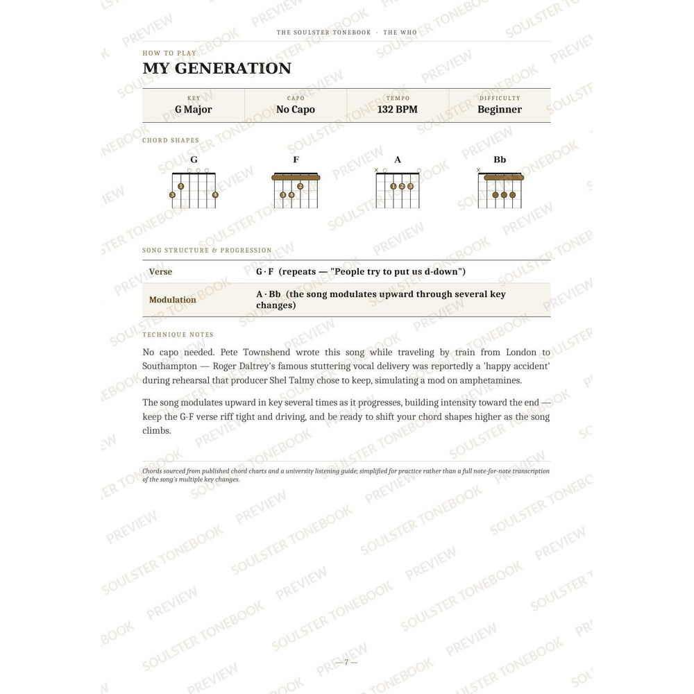 How-to-play page for 'My Generation' by The Who, showing the key, capo, tempo and difficulty, printed chord-shape diagrams, a song-structure and chord-progression breakdown and technique notes — chord charts only, no lyrics or notation. A faint diagonal 'Soulster Tonebook · Preview' watermark repeats across the page.
