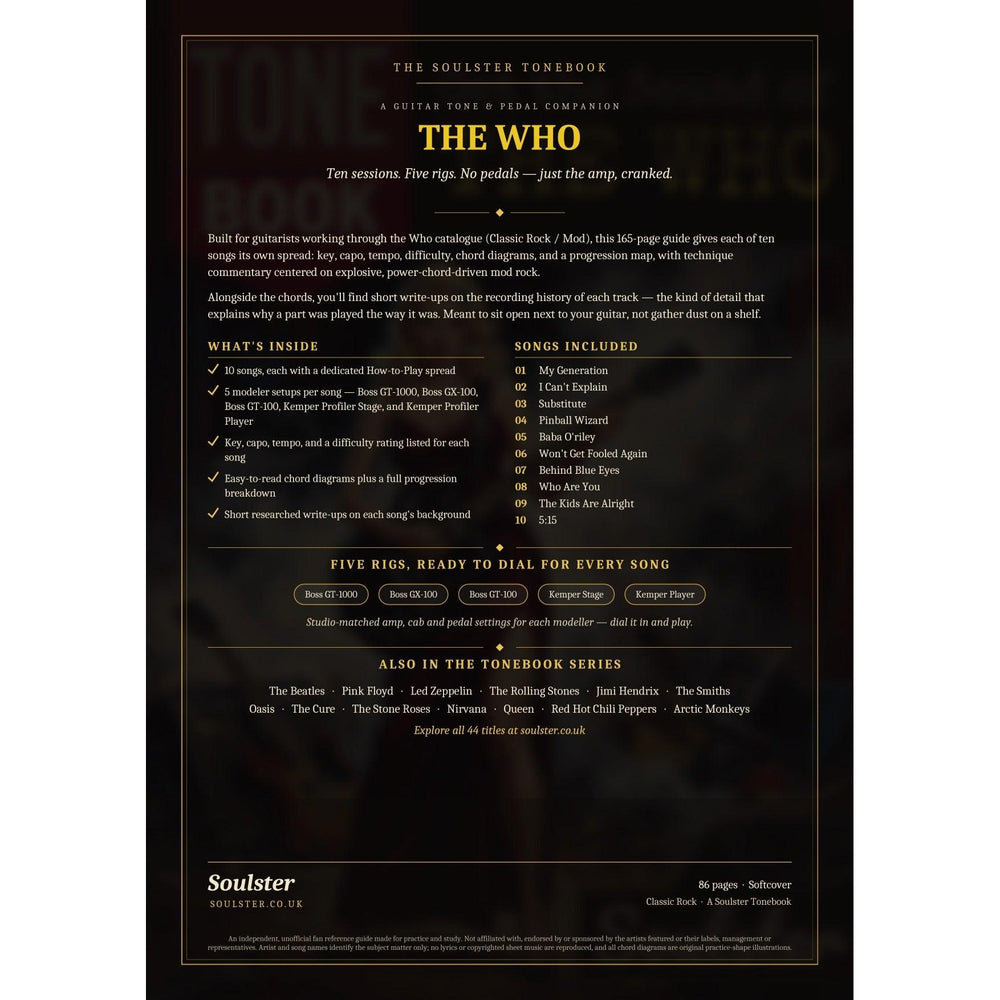 Back cover of The Who Soulster Tonebook — a dark, gold-trimmed design with the title and tagline, a 'what's inside' list, the full 10-song track list, the five modeller rigs and other titles in the Soulster Tonebook series.