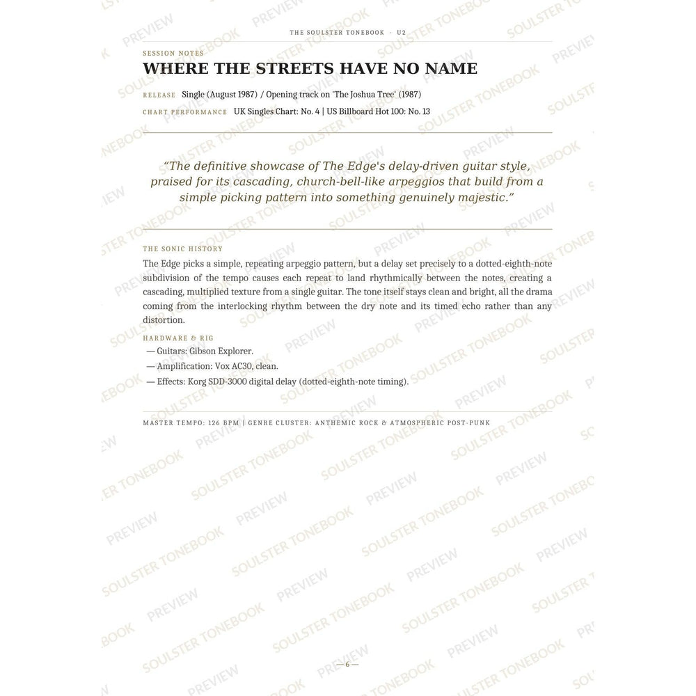 Session-notes page for 'Where the Streets Have No Name' in the U2 Soulster Tonebook, with the track's release and chart history, a summary quote, a short 'sonic history' write-up and the hardware and rig used. A faint diagonal 'Soulster Tonebook · Preview' watermark repeats across the page.