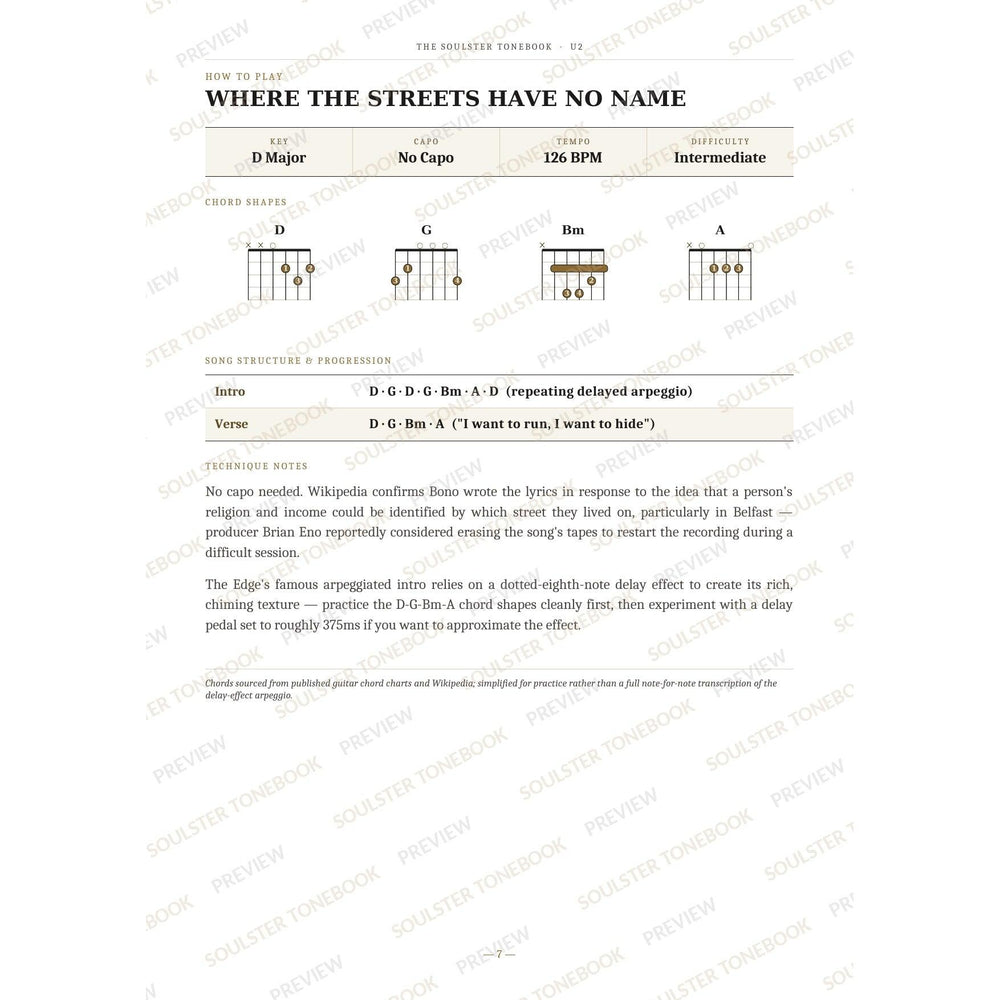 How-to-play page for 'Where the Streets Have No Name' by U2, showing the key, capo, tempo and difficulty, printed chord-shape diagrams, a song-structure and chord-progression breakdown and technique notes — chord charts only, no lyrics or notation. A faint diagonal 'Soulster Tonebook · Preview' watermark repeats across the page.