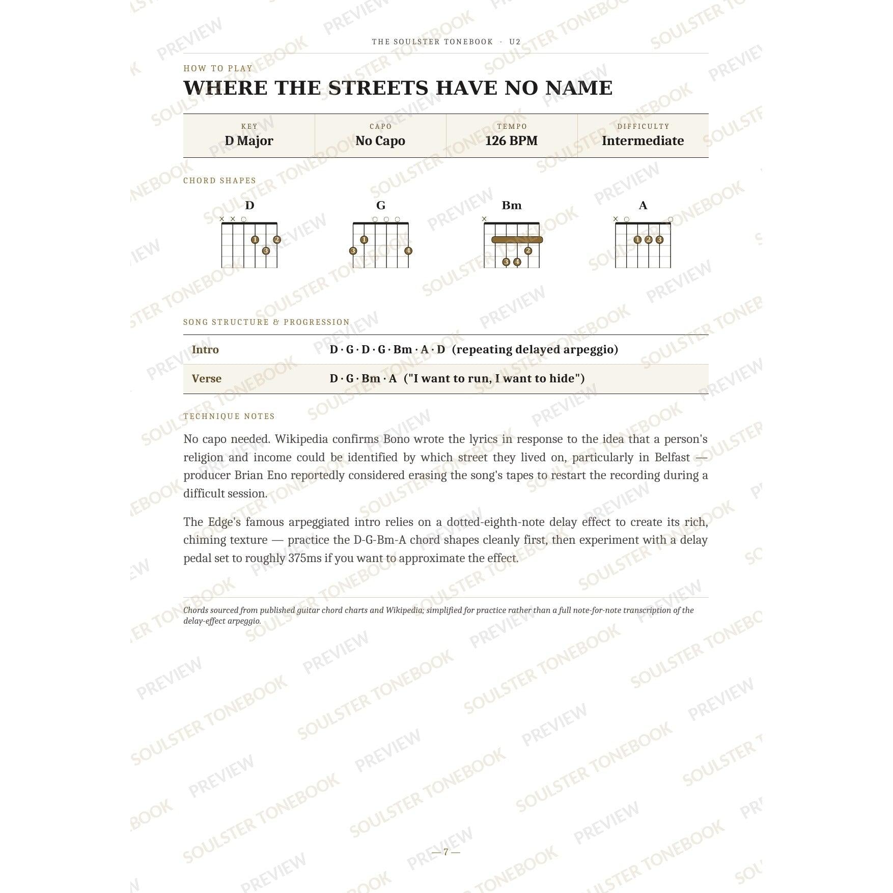 How-to-play page for 'Where the Streets Have No Name' by U2, showing the key, capo, tempo and difficulty, printed chord-shape diagrams, a song-structure and chord-progression breakdown and technique notes — chord charts only, no lyrics or notation. A faint diagonal 'Soulster Tonebook · Preview' watermark repeats across the page.