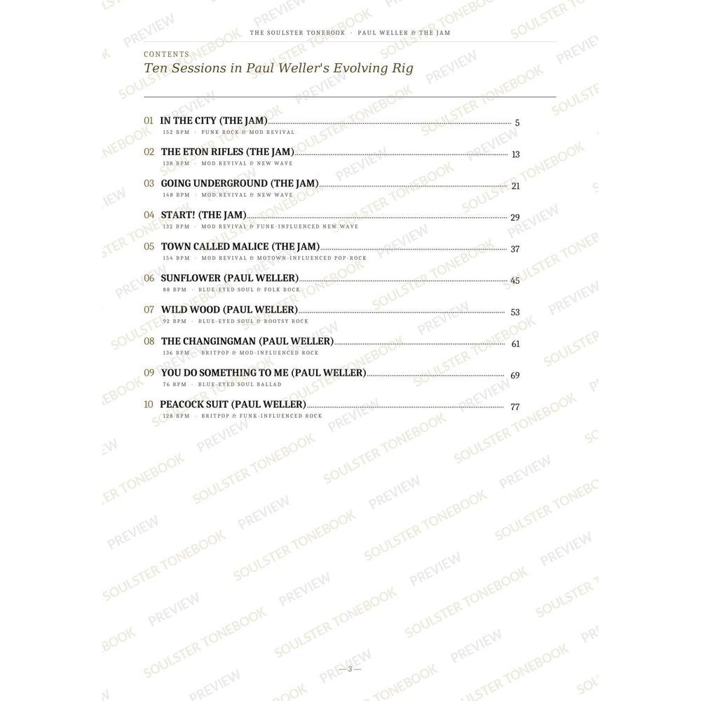 Contents page from the Paul Weller & The Jam Soulster Tonebook, listing all 10 songs with their tempos, genre tags and page numbers in a gold-and-black serif layout. A faint diagonal 'Soulster Tonebook · Preview' watermark repeats across the page.