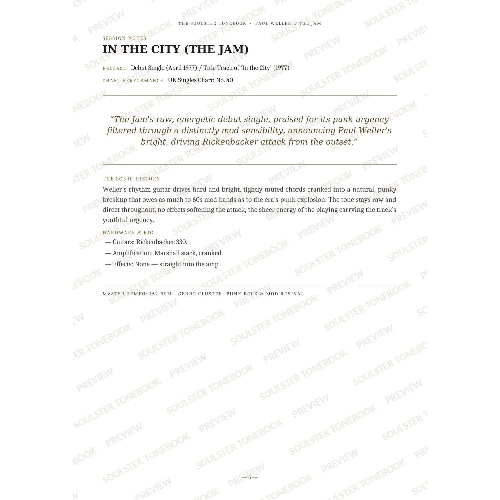 Session-notes page for 'In the City (the Jam)' in the Paul Weller & The Jam Soulster Tonebook, with the track's release and chart history, a summary quote, a short 'sonic history' write-up and the hardware and rig used. A faint diagonal 'Soulster Tonebook · Preview' watermark repeats across the page.