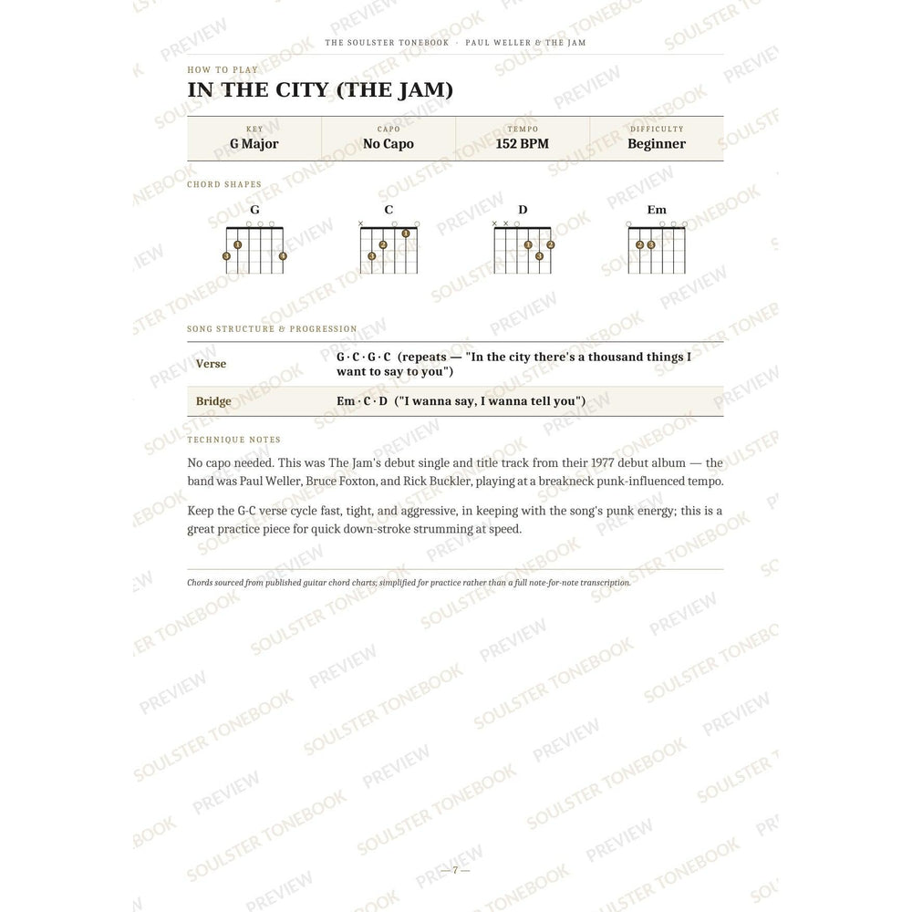 How-to-play page for 'In the City (the Jam)' by Paul Weller & The Jam, showing the key, capo, tempo and difficulty, printed chord-shape diagrams, a song-structure and chord-progression breakdown and technique notes — chord charts only, no lyrics or notation. A faint diagonal 'Soulster Tonebook · Preview' watermark repeats across the page.