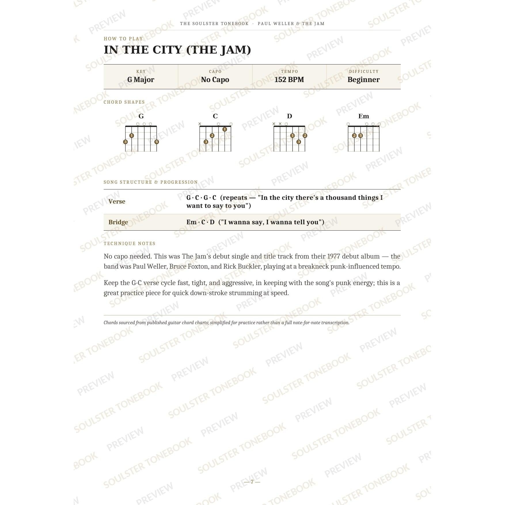 How-to-play page for 'In the City (the Jam)' by Paul Weller & The Jam, showing the key, capo, tempo and difficulty, printed chord-shape diagrams, a song-structure and chord-progression breakdown and technique notes — chord charts only, no lyrics or notation. A faint diagonal 'Soulster Tonebook · Preview' watermark repeats across the page.