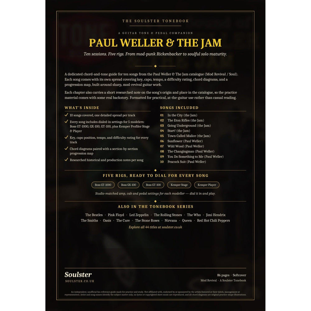 Back cover of the Paul Weller & The Jam Soulster Tonebook — a dark, gold-trimmed design with the title and tagline, a 'what's inside' list, the full 10-song track list, the five modeller rigs and other titles in the Soulster Tonebook series.