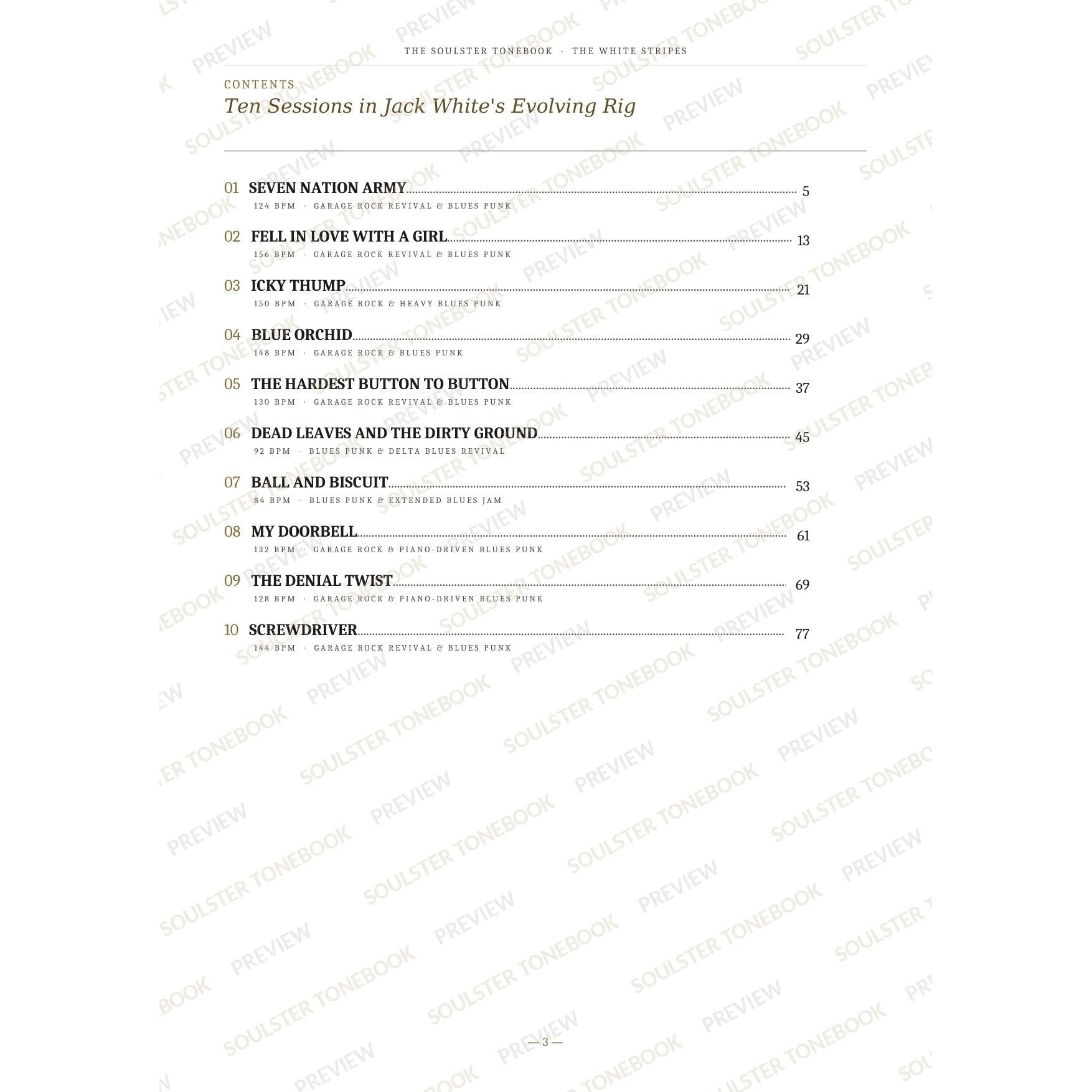 Contents page from The White Stripes Soulster Tonebook, listing all 10 songs with their tempos, genre tags and page numbers in a gold-and-black serif layout. A faint diagonal 'Soulster Tonebook · Preview' watermark repeats across the page.