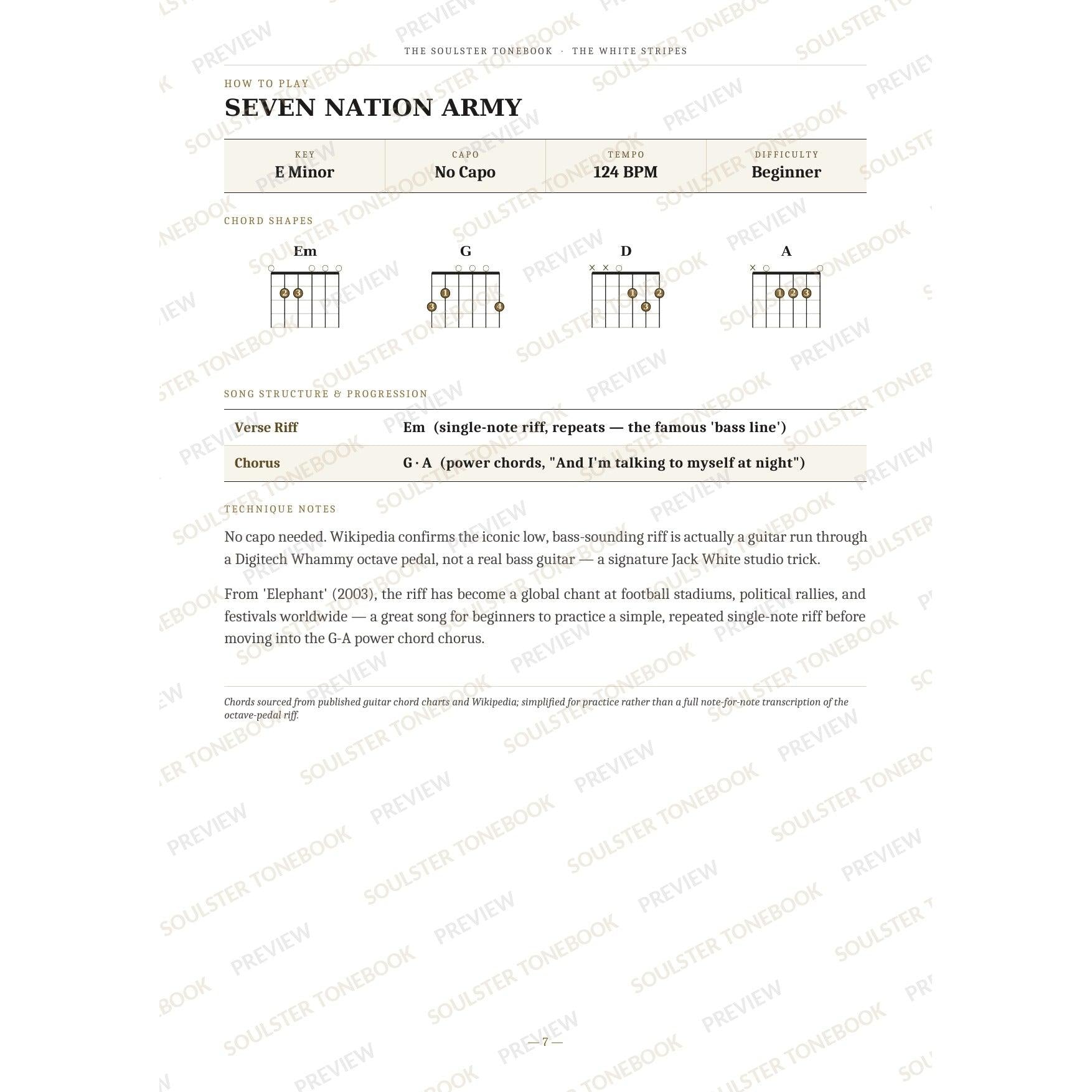 How-to-play page for 'Seven Nation Army' by The White Stripes, showing the key, capo, tempo and difficulty, printed chord-shape diagrams, a song-structure and chord-progression breakdown and technique notes — chord charts only, no lyrics or notation. A faint diagonal 'Soulster Tonebook · Preview' watermark repeats across the page.