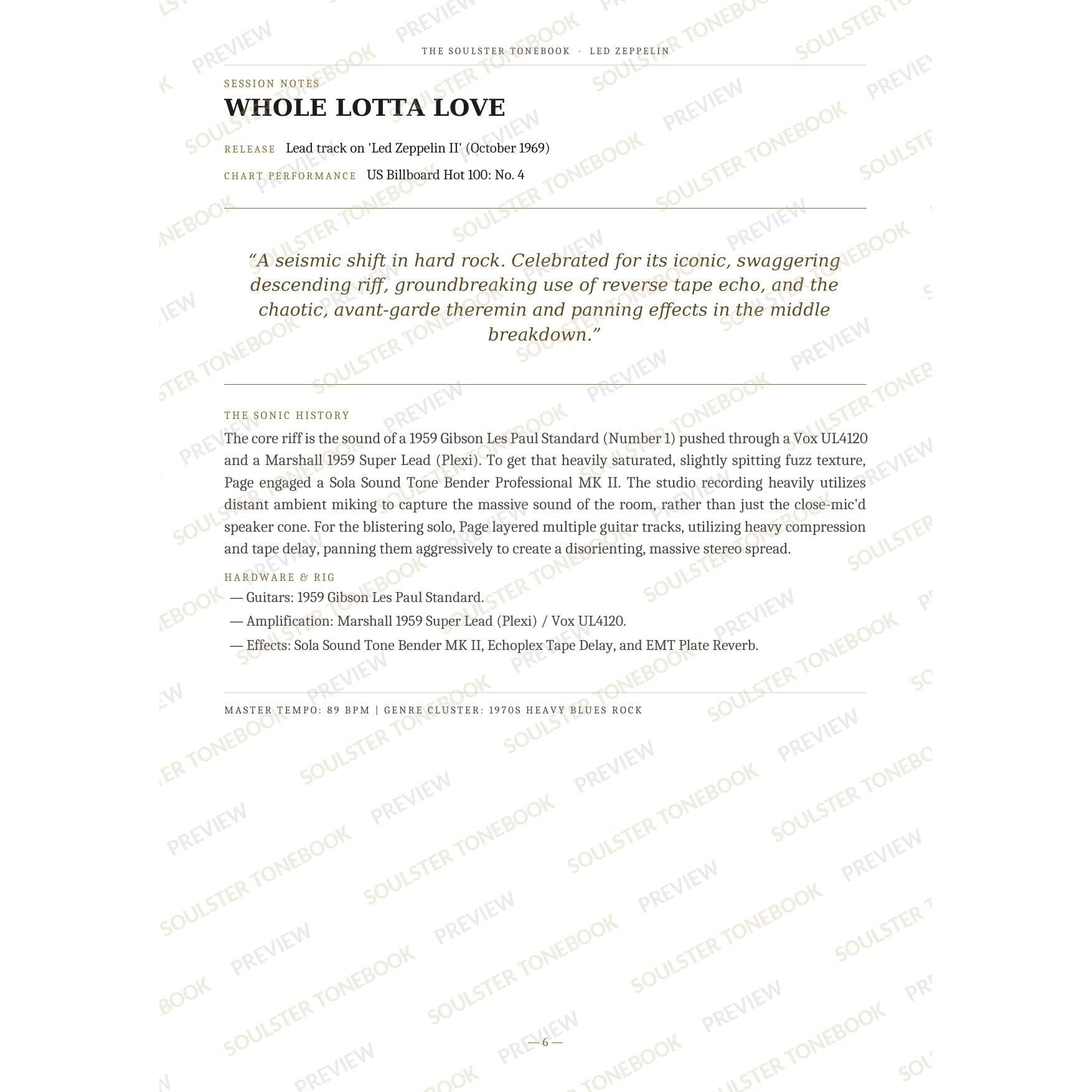 Session-notes page for 'Whole Lotta Love' in the Led Zeppelin Soulster Tonebook, with the track's release and chart history, a summary quote, a short 'sonic history' write-up and the hardware and rig used. A faint diagonal 'Soulster Tonebook · Preview' watermark repeats across the page.
